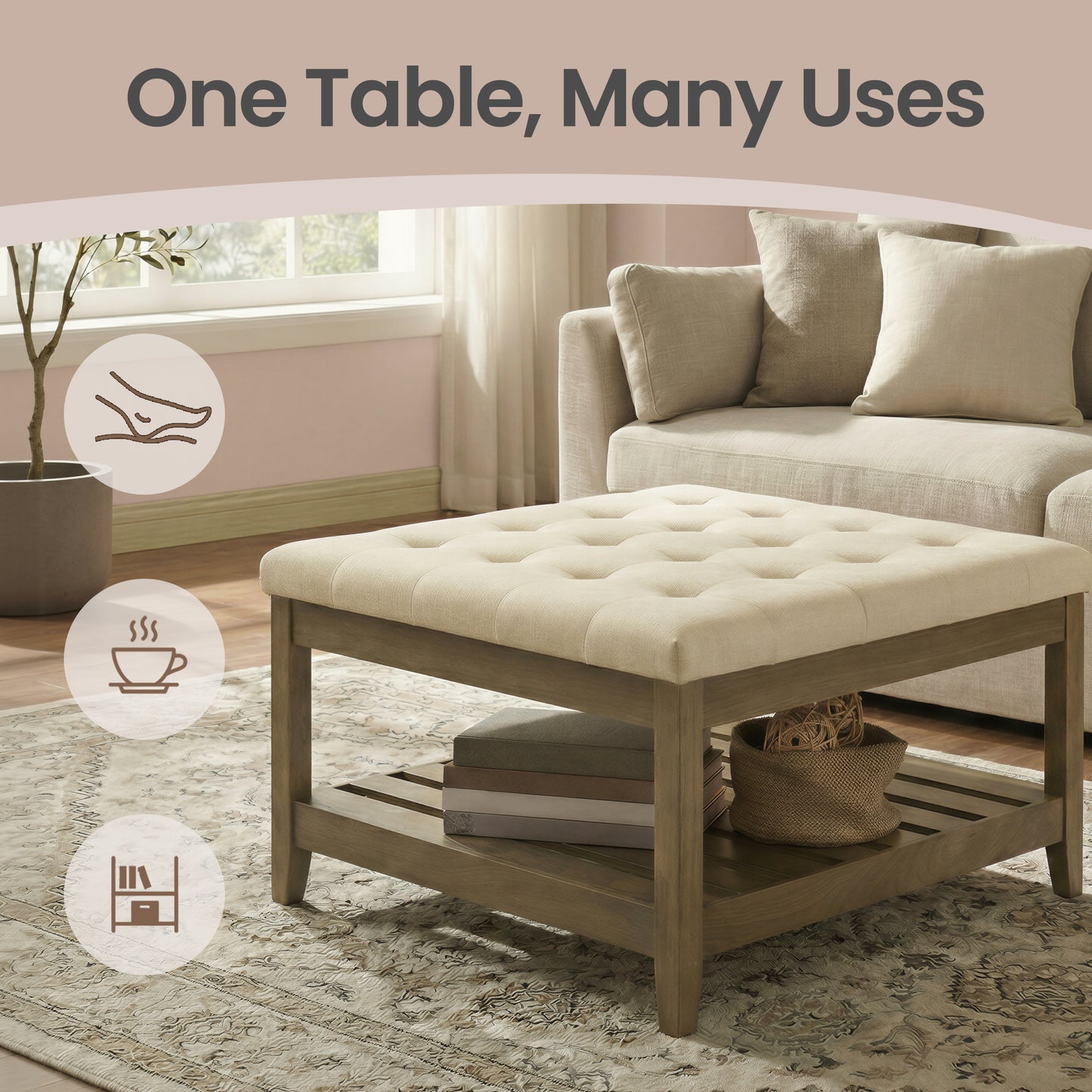 Square Storage Ottoman Coffee Table with Solid Wood Frame, Tufted Upholstered Footrest with Bottom Shelf, for Living Room, 31.5 x 17.7 x 31.5 Inches, Summer Sand