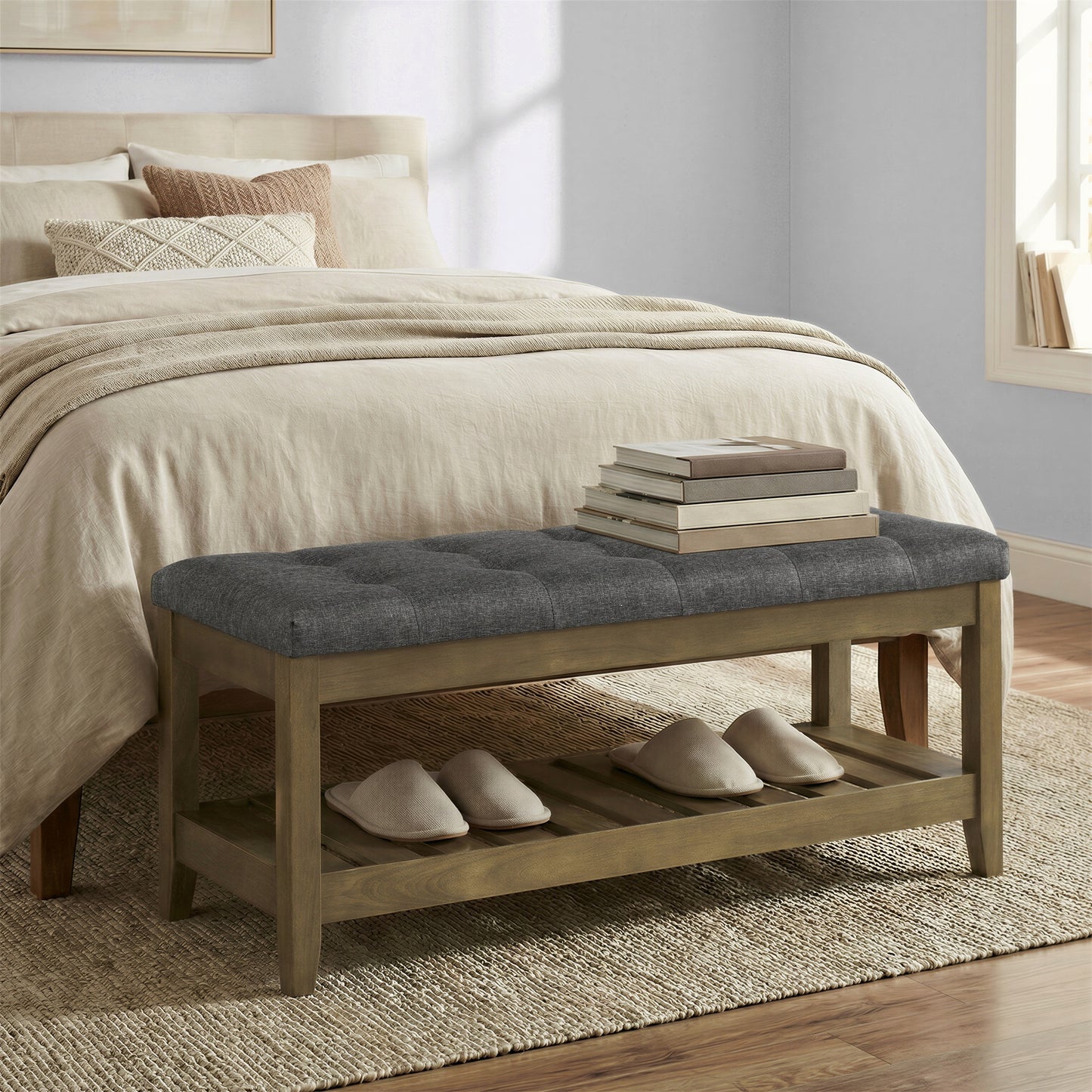 Upholstered End of Bed Bench with Storage Shelf, Solid Wood Frame Window Seat with Tufted Cushion, for Living Room, Bedroom, 42.9 x 17.7 x 15.7 Inches, Slate Gray