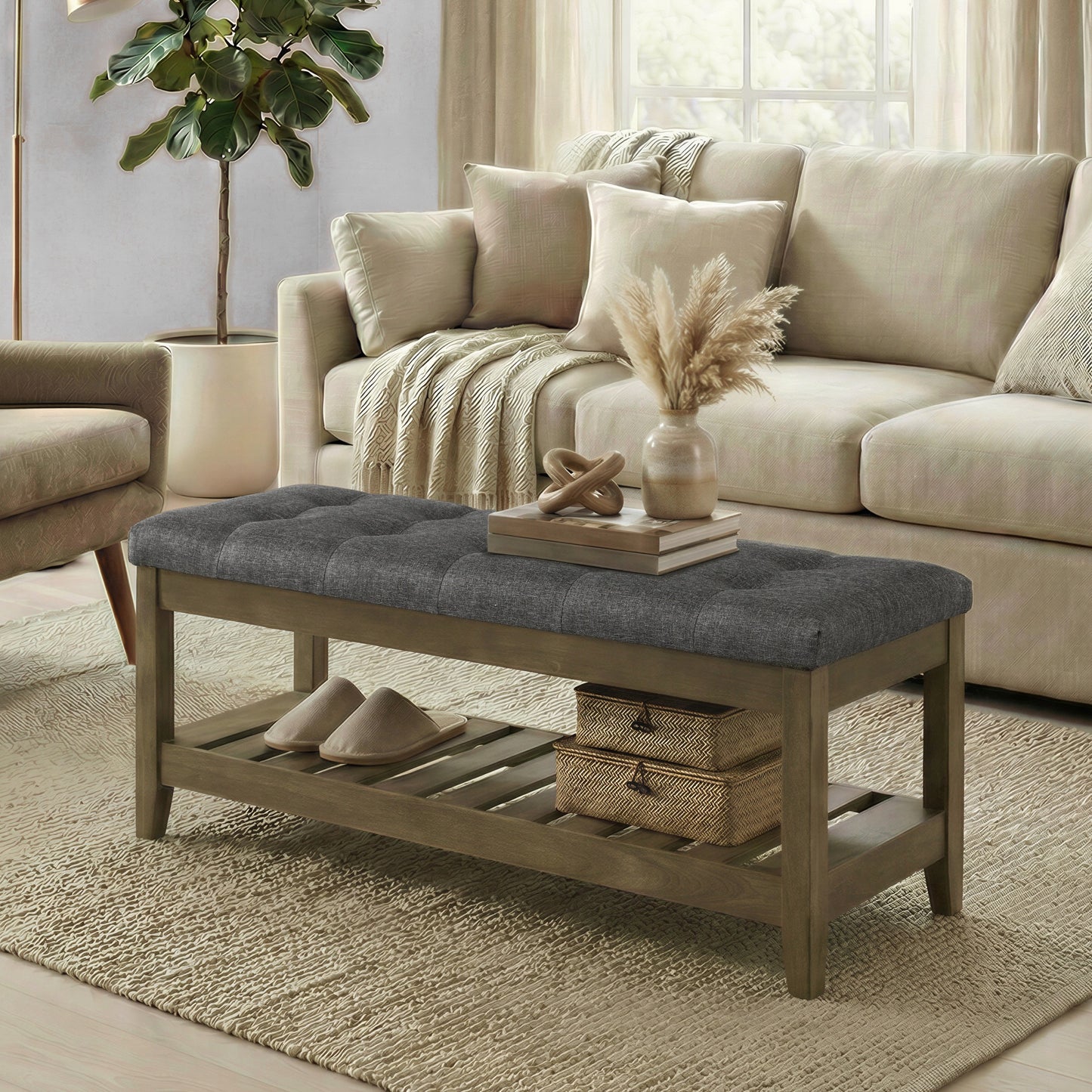 Upholstered End of Bed Bench with Storage Shelf, Solid Wood Frame Window Seat with Tufted Cushion, for Living Room, Bedroom, 42.9 x 17.7 x 15.7 Inches, Slate Gray