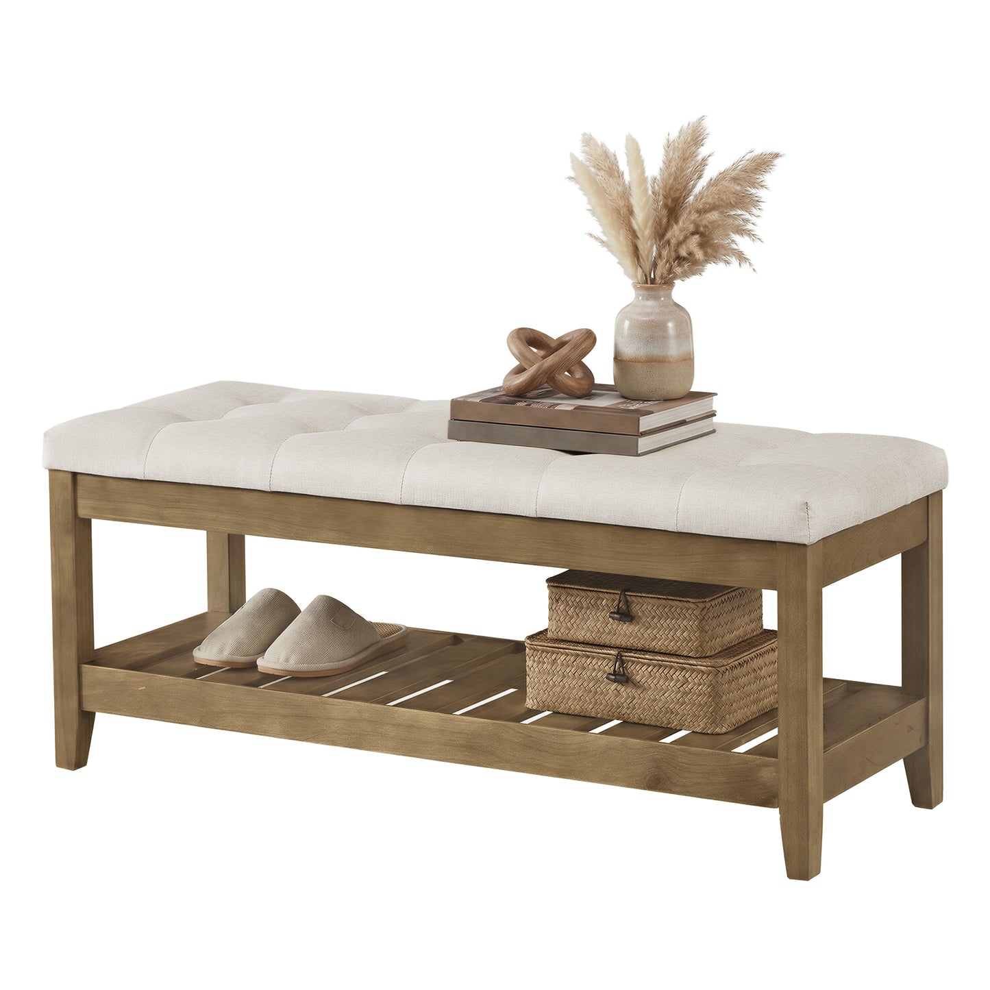 Storage Ottoman with Solid Wood Frame, Upholstered End of Bed Bench, Tufted Cushion Window Seat, for Living Room Bedroom, Summer Sand