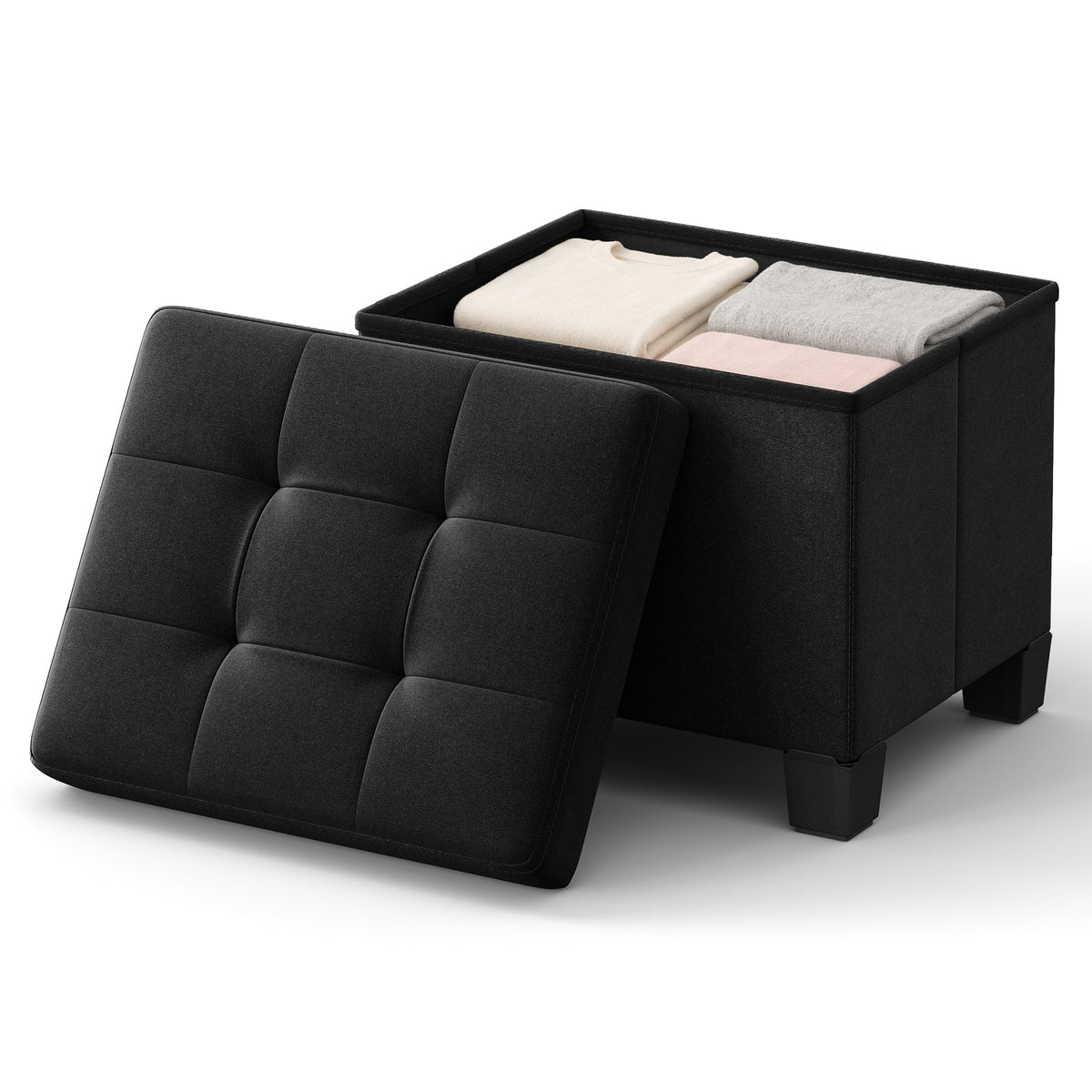 LEDREM Collapsible Storage Ottoman, Upholstered Foot Stool with Cushion, 15.8 x 12.6 x 13.2 Inches, Black