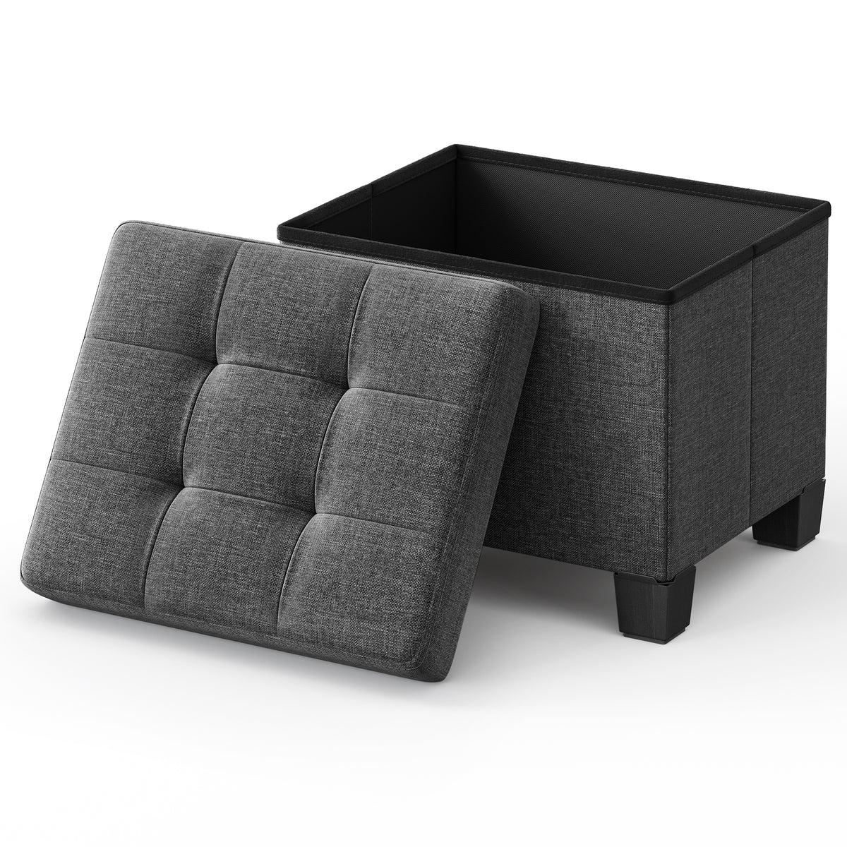 LEDREM Collapsible Storage Ottoman, Upholstered Foot Stool with Cushion, 15.8 x 12.6 x 13.2 Inches, Gray and Black