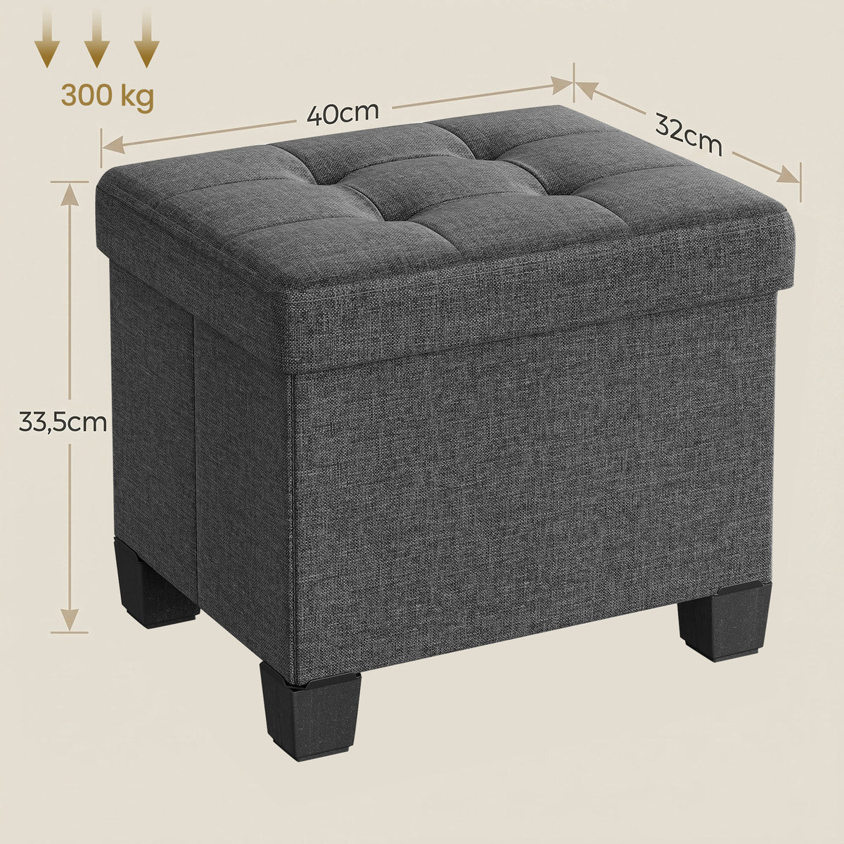 LEDREM Collapsible Storage Ottoman, Upholstered Foot Stool with Cushion, 15.8 x 12.6 x 13.2 Inches, Gray and Black