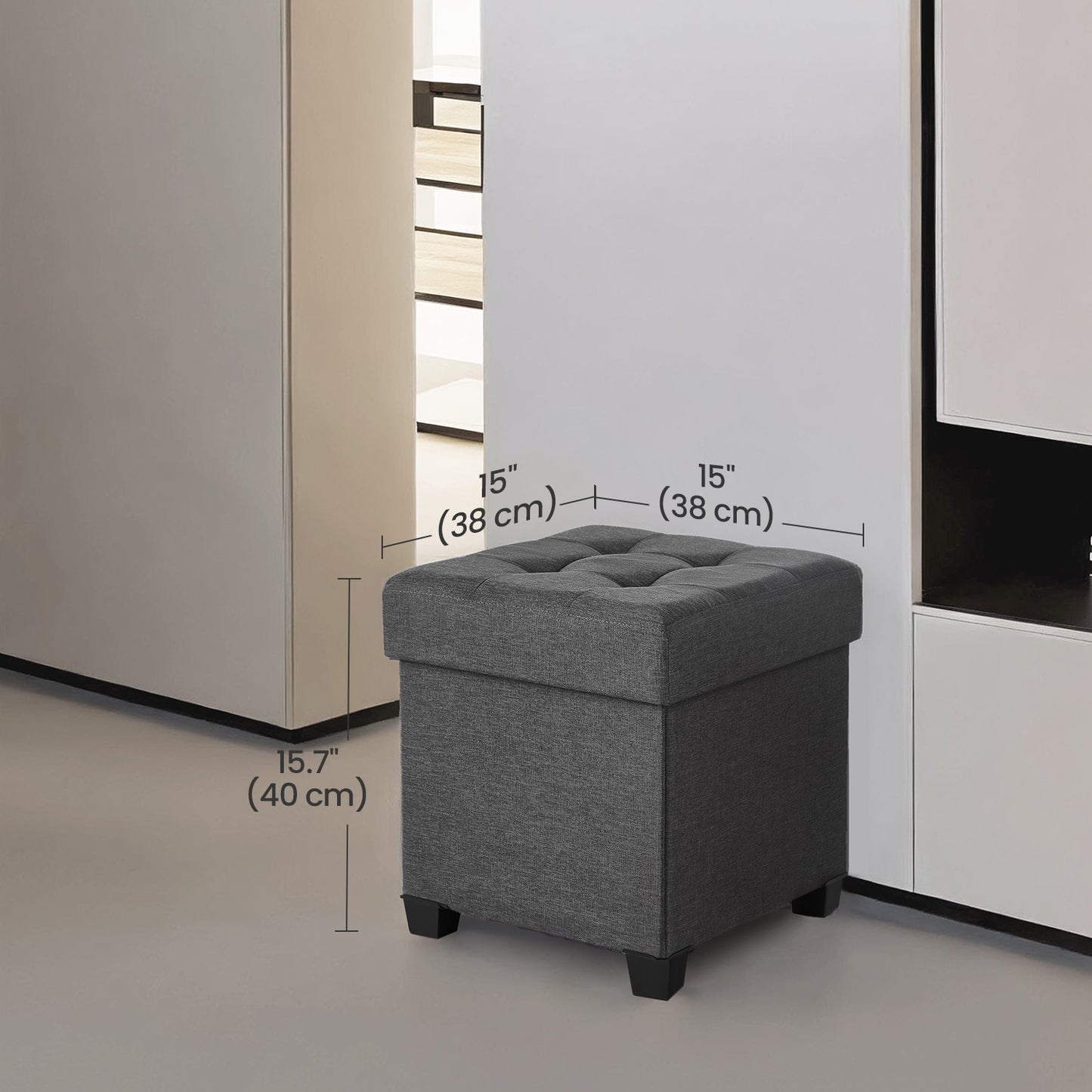 15-Inch Cube Storage Ottoman with Feet, Bedroom Bench with 10-Gallon Hidden Storage, Foot Stool Supports up to 660 lb, Dark Gray