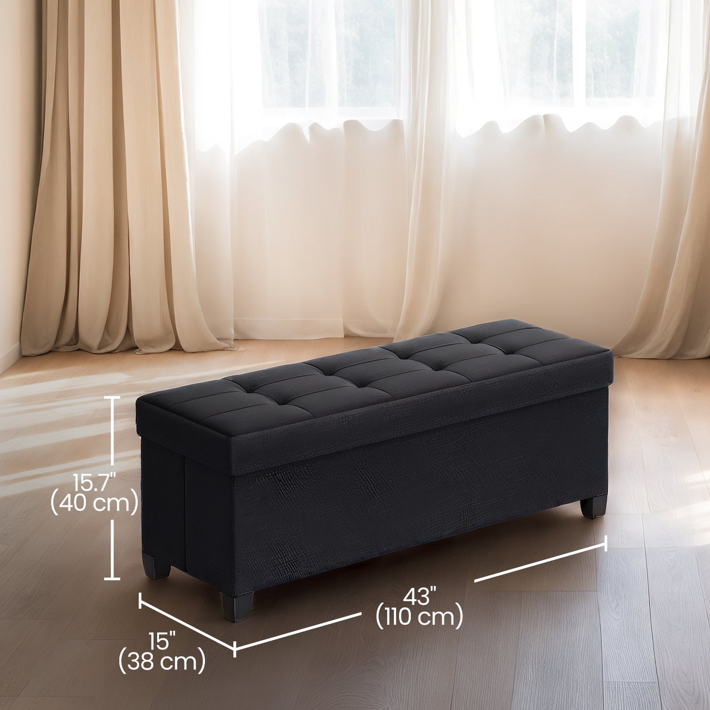 Foldable Storage Ottoman Bench with Removable Divider & Non-Slip Legs, 30-Gallon Capacity, Supports 660 lb, for Living Room，Bedroom, Ink Black