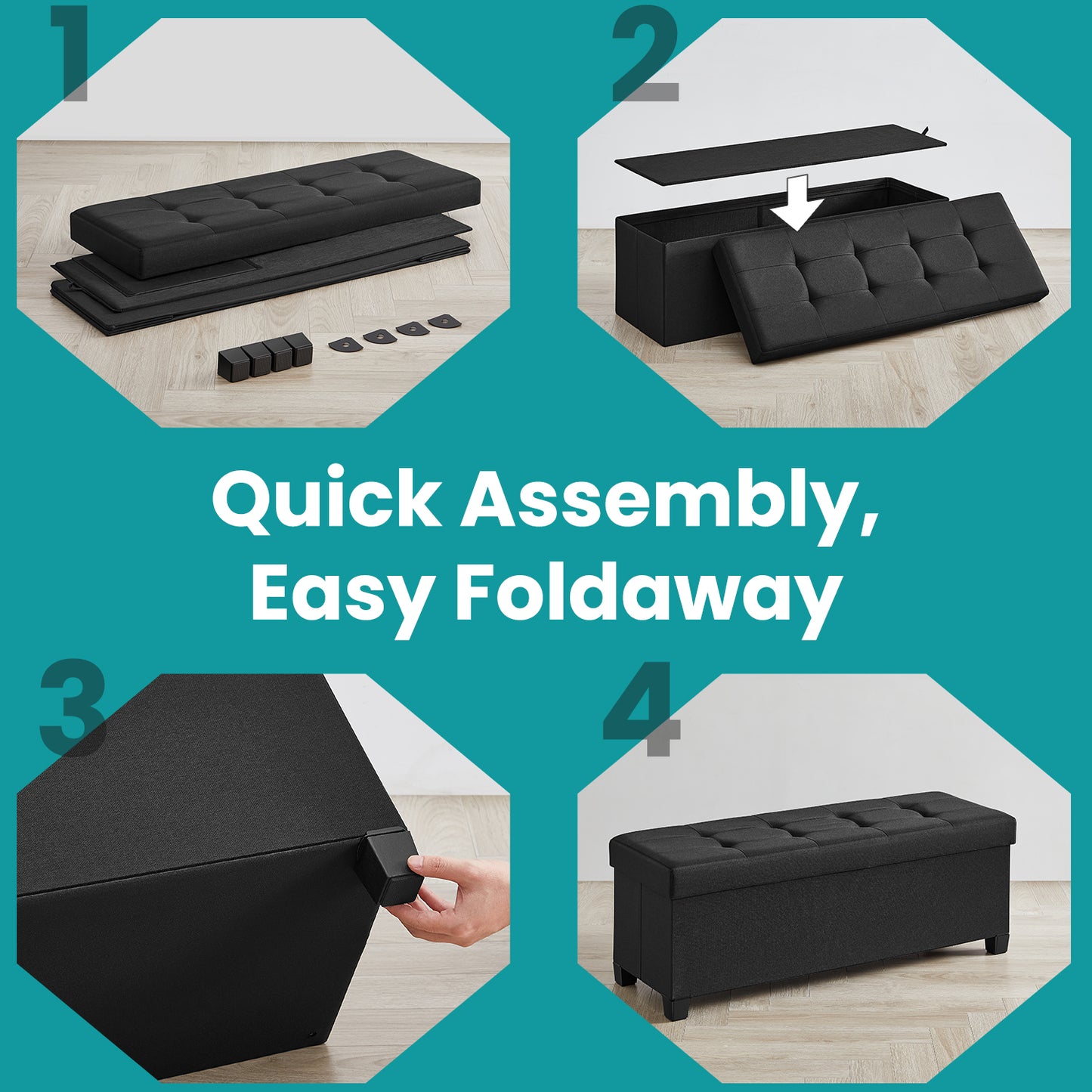 Foldable Storage Ottoman Bench with Removable Divider & Non-Slip Legs, 30-Gallon Capacity, Supports 660 lb, for Living Room，Bedroom, Ink Black