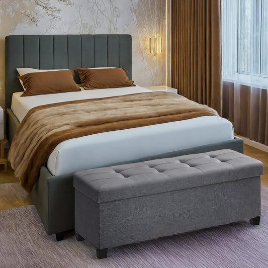 Foldable Storage Ottoman Bench with 660lb Capacity, 30-Gallon Storage, Linen-Look Fabric, Multi-Functional Footrest, Seat, Slate Gray