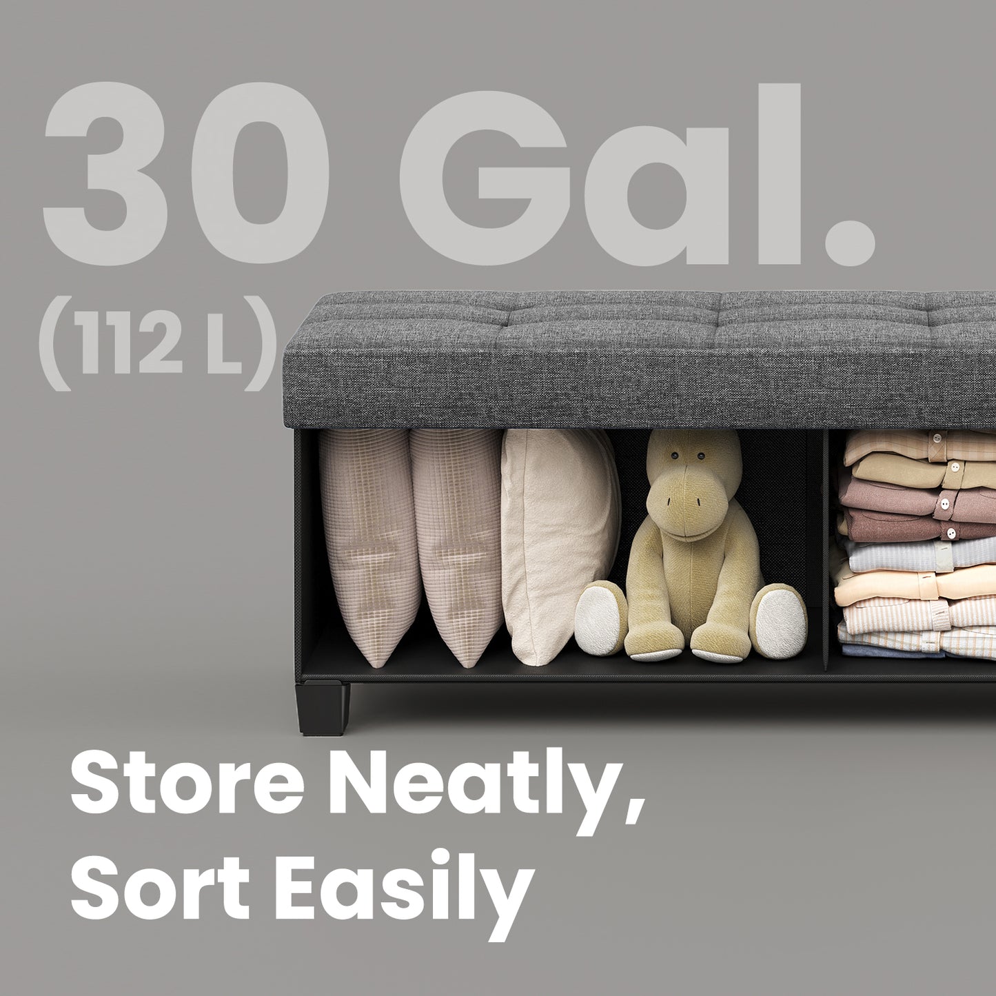 Foldable Storage Ottoman Bench with 660lb Capacity, 30-Gallon Storage, Linen-Look Fabric, Multi-Functional Footrest, Seat, Slate Gray