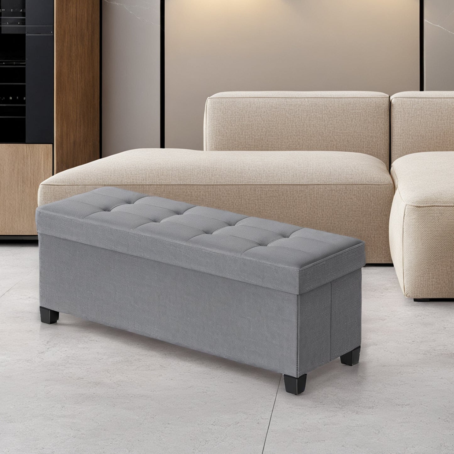 Foldable Storage Ottoman Bench - 43" Wide, 660lb Capacity, 30-Gallon Storage, Linen-Look Fabric, Multi-Functional, Dove Gray