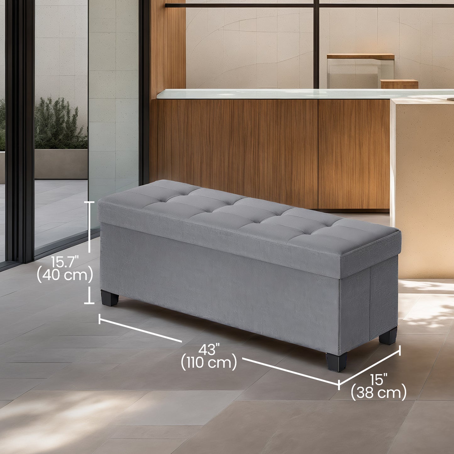 Foldable Storage Ottoman Bench - 43" Wide, 660lb Capacity, 30-Gallon Storage, Linen-Look Fabric, Multi-Functional, Dove Gray