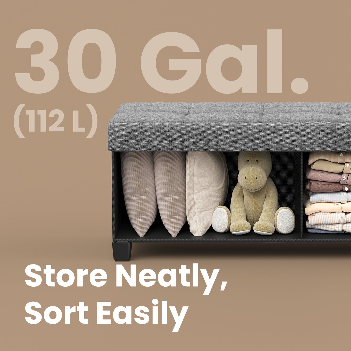 Foldable Storage Ottoman Bench - 43" Wide, 660lb Capacity, 30-Gallon Storage, Linen-Look Fabric, Multi-Functional, Dove Gray