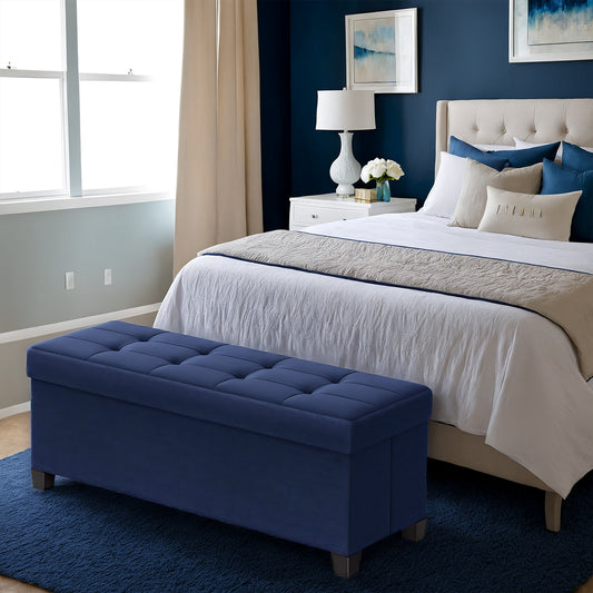 Foldable Storage Ottoman Bench - 43" Wide, 660lb Capacity, 30-Gallon Storage, Linen-Look Fabric, Multi-Functional, Midnight Blue