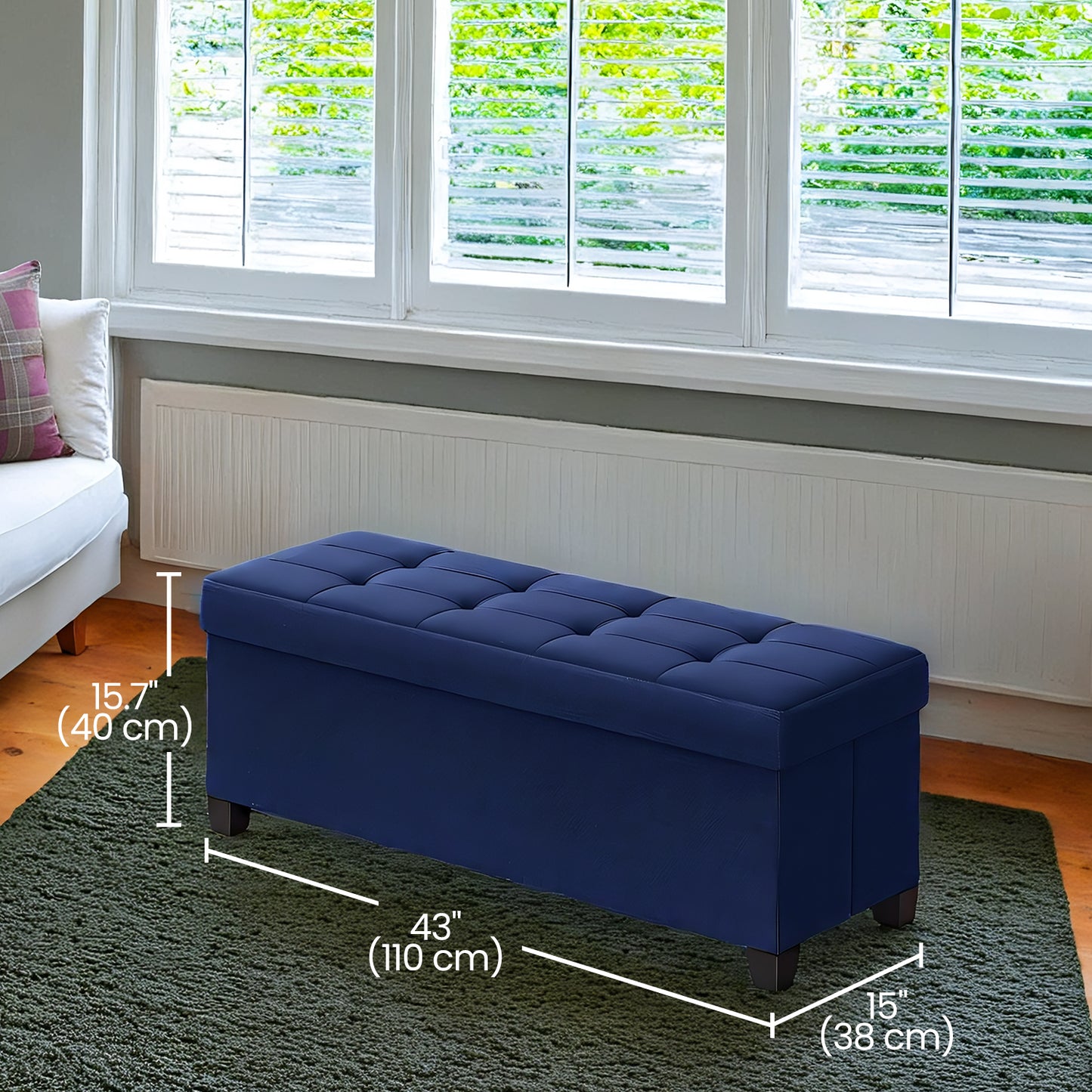 Foldable Storage Ottoman Bench - 43" Wide, 660lb Capacity, 30-Gallon Storage, Linen-Look Fabric, Multi-Functional, Midnight Blue