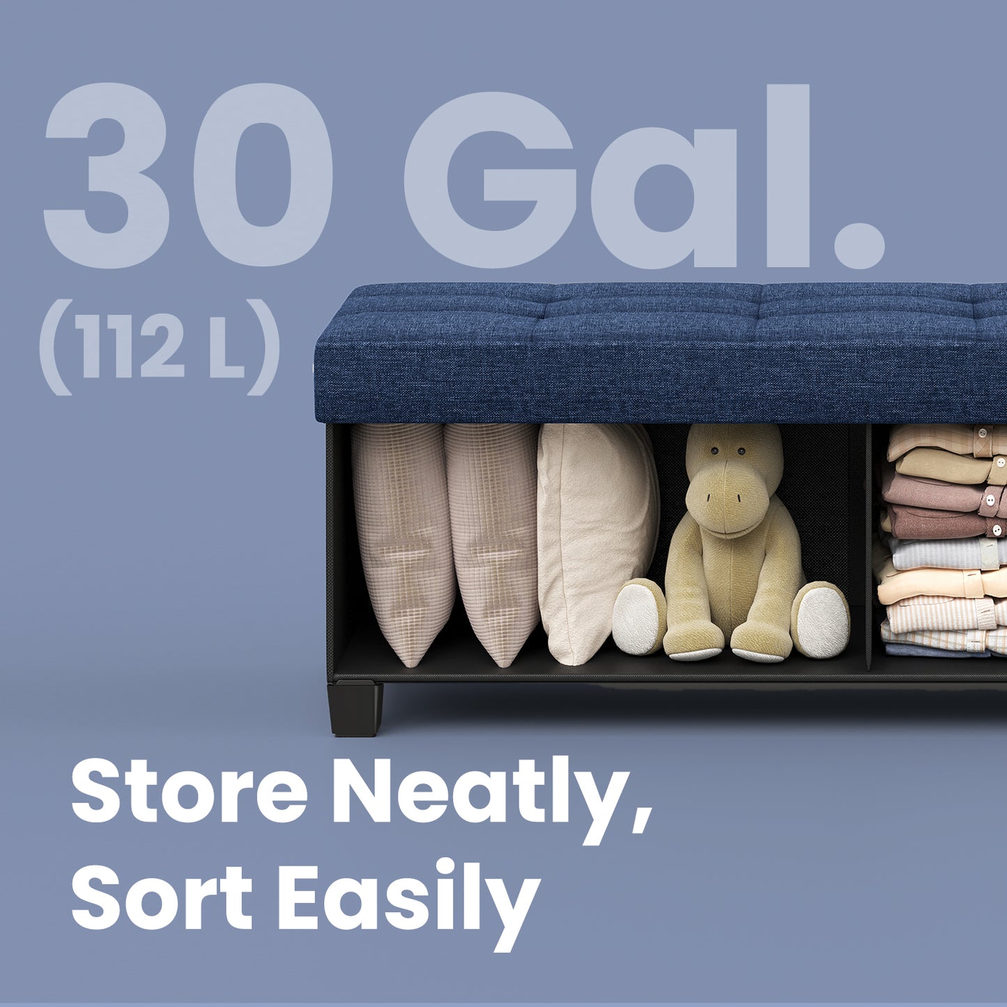 Foldable Storage Ottoman Bench - 43" Wide, 660lb Capacity, 30-Gallon Storage, Linen-Look Fabric, Multi-Functional, Midnight Blue