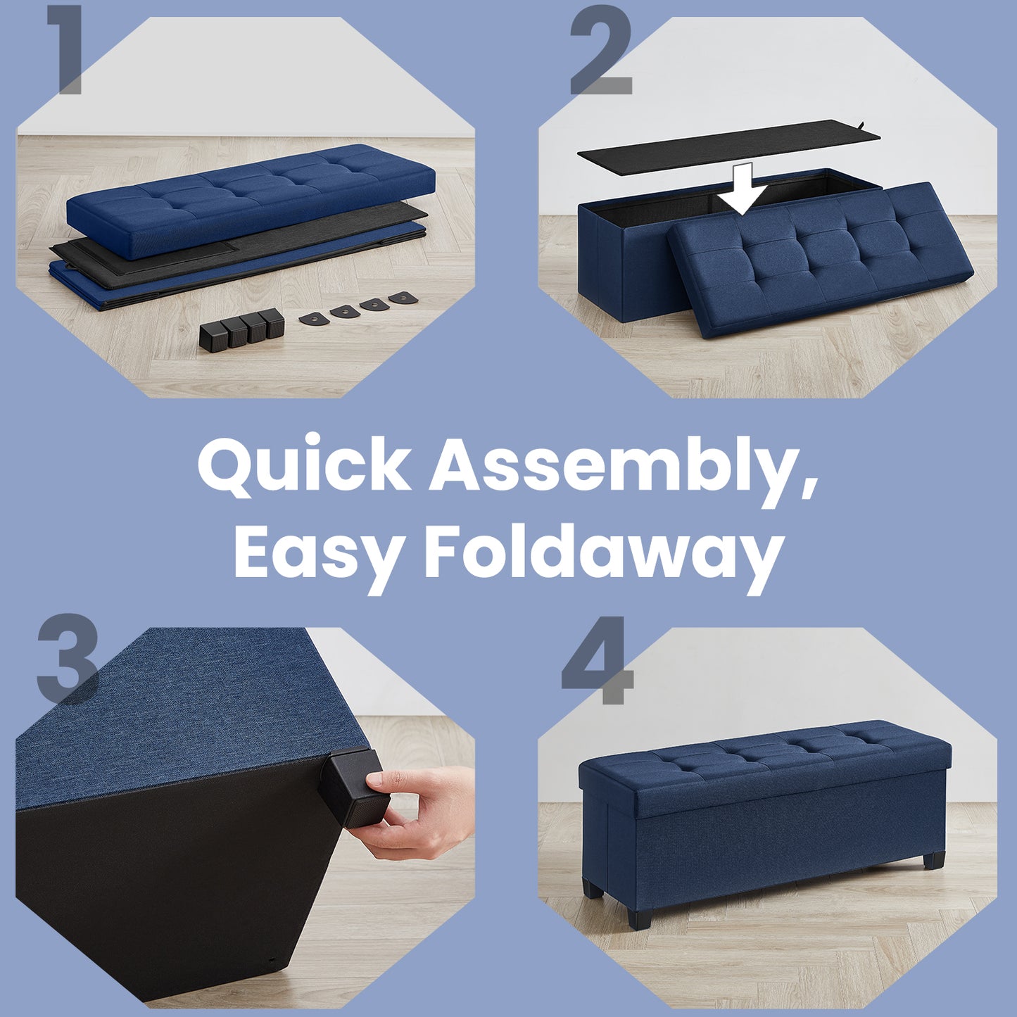 Foldable Storage Ottoman Bench - 43" Wide, 660lb Capacity, 30-Gallon Storage, Linen-Look Fabric, Multi-Functional, Midnight Blue