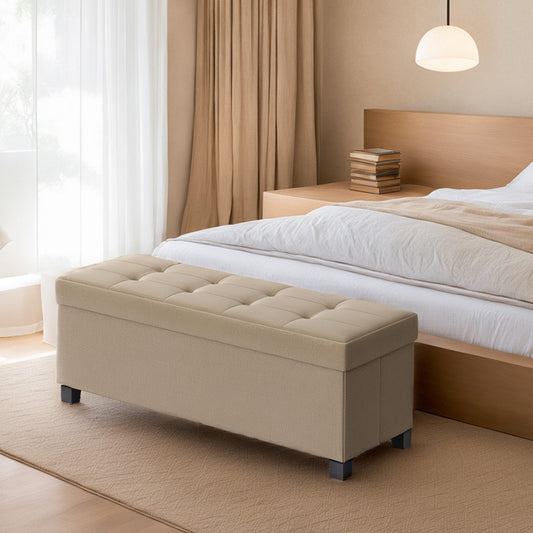Luxury Storage Ottoman Bench - 43" Foldable, 660lb Capacity, 30-Gallon Organizer, Tufted Linen Fabric, Multi-Functional, Camel Brown