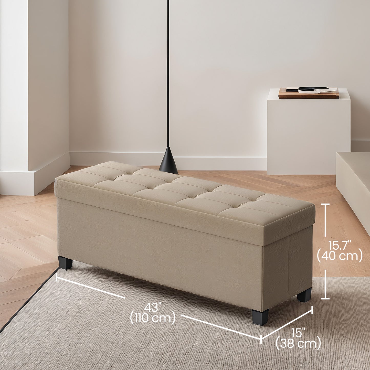 Luxury Storage Ottoman Bench - 43" Foldable, 660lb Capacity, 30-Gallon Organizer, Tufted Linen Fabric, Multi-Functional, Camel Brown