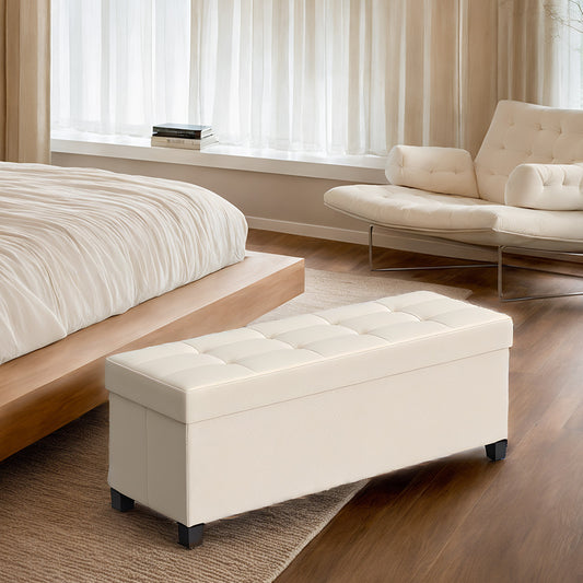 Luxury Foldable Storage Ottoman - 43" Multi-Functional Bench, 660lb Capacity, 30-Gallon Organizer, Cream White