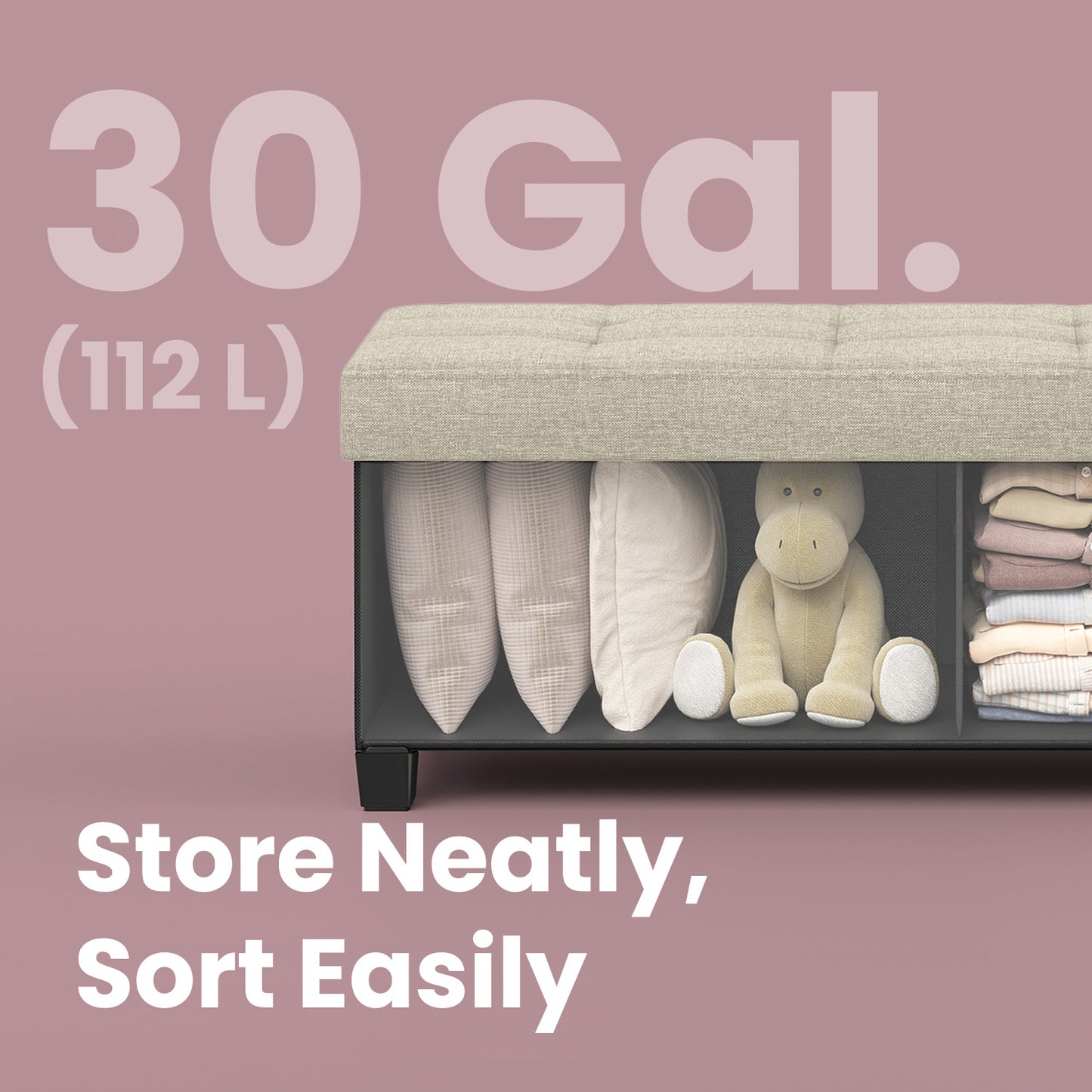 Luxury Foldable Storage Ottoman - 43" Multi-Functional Bench, 660lb Capacity, 30-Gallon Organizer, Cream White