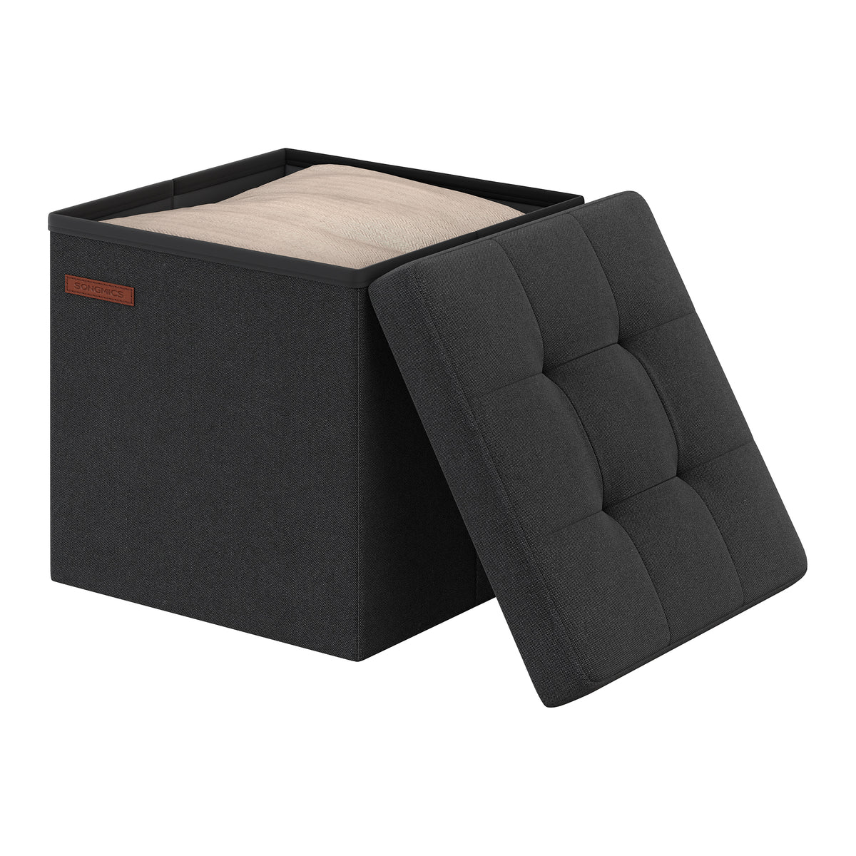LEDREM Small Folding Storage Stool Bench, Footstool with Storage Box for Living Room, Bedroom or Dorm, Black