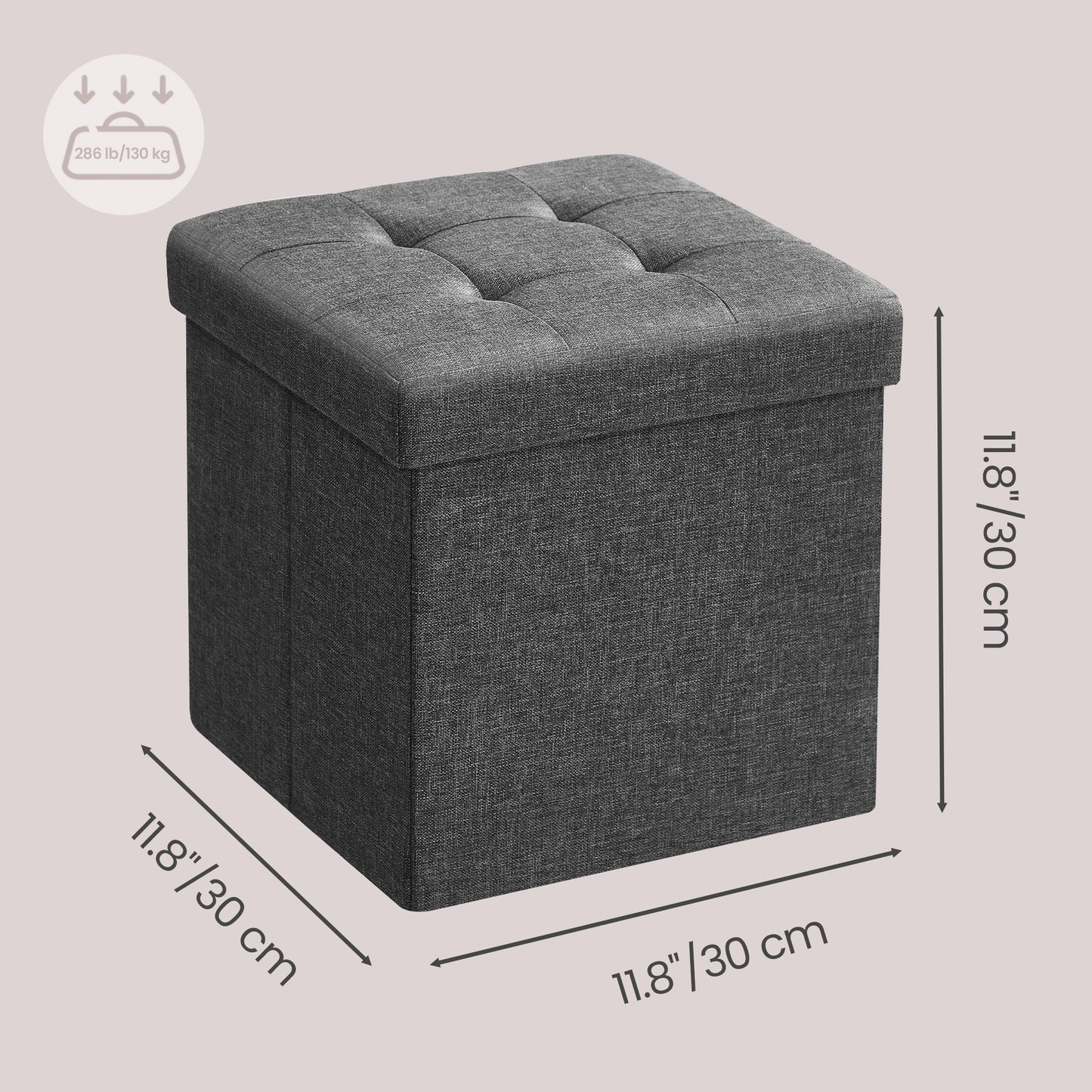 11.8 Inch Folding Storage Ottoman Cube, Footrest Stool with Tufted Linen-Look Cover for Living Room and Bedroom, Dark Gray