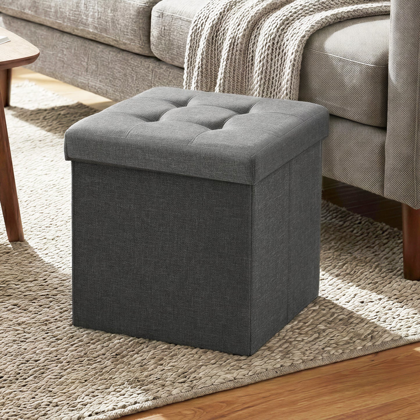 11.8 Inch Folding Storage Ottoman Cube, Footrest Stool with Tufted Linen-Look Cover for Living Room and Bedroom, Dark Gray