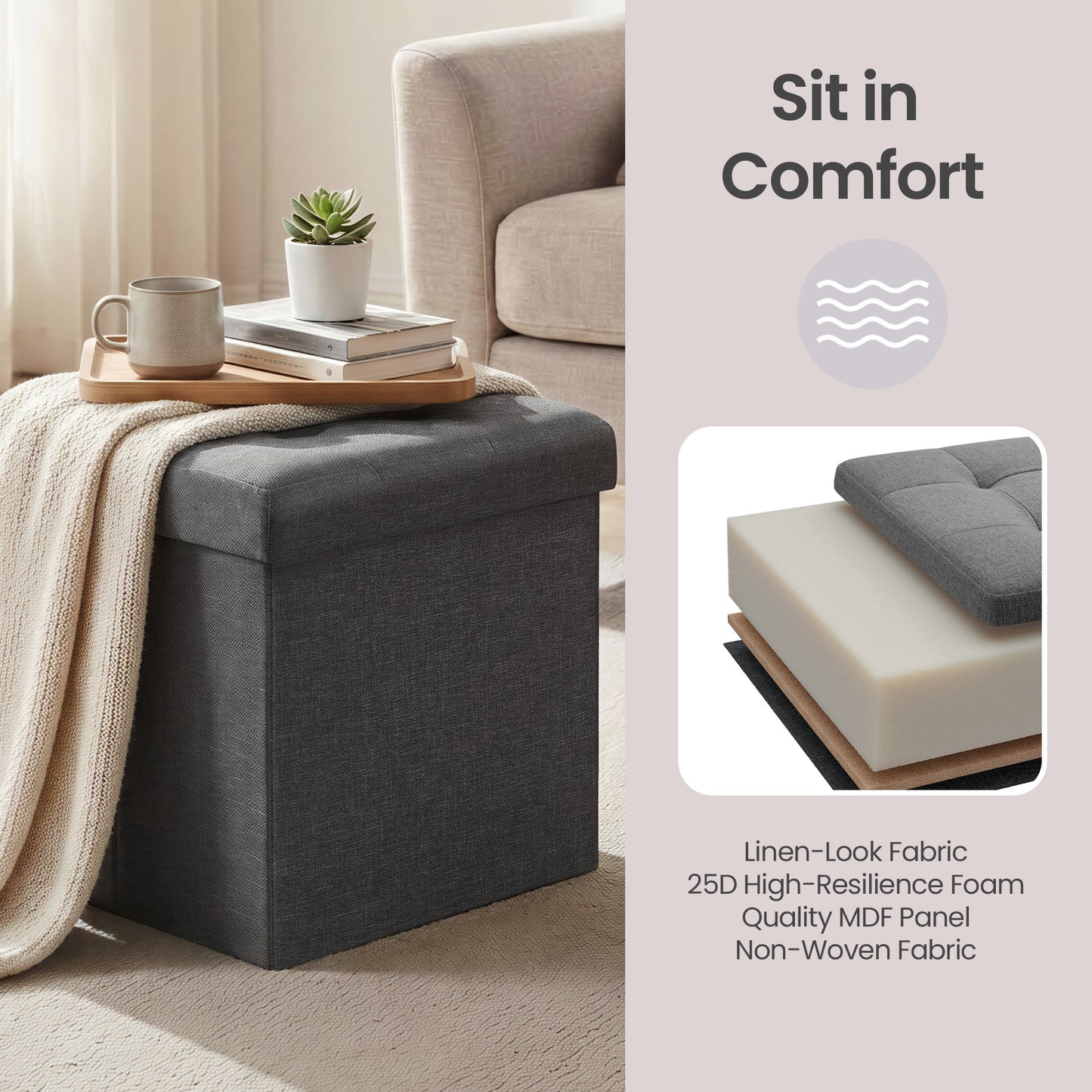 11.8 Inch Folding Storage Ottoman Cube, Footrest Stool with Tufted Linen-Look Cover for Living Room and Bedroom, Dark Gray