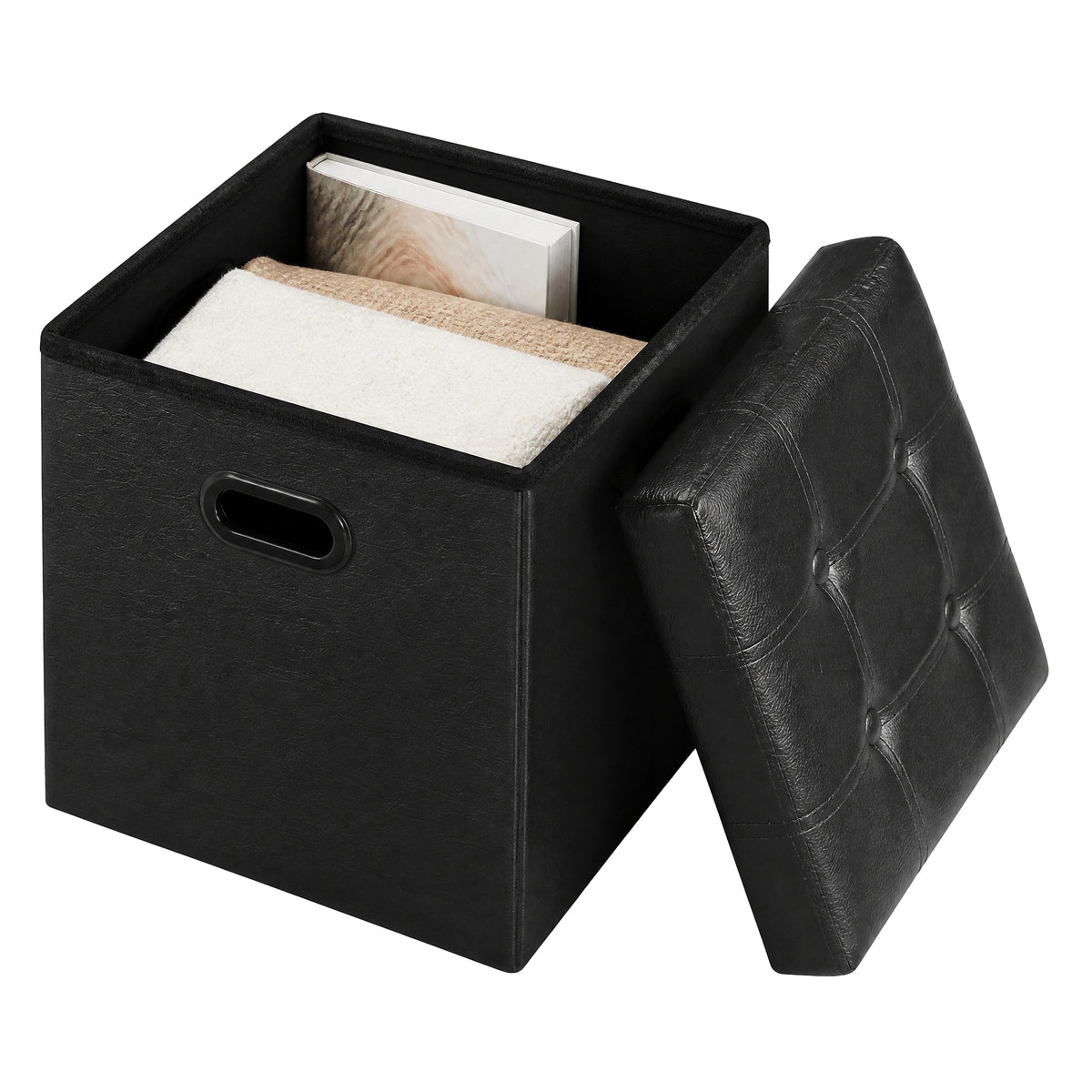 LEDREM 15 Inches Ottoman with Storage, Footstool, Grommet Handles, PVC Leather, for Dorm Room, Living Room, Bedroom, Black