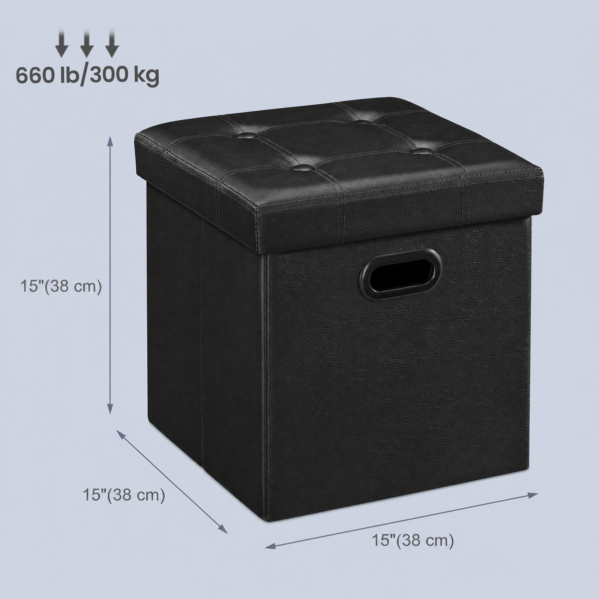 LEDREM 15 Inches Ottoman with Storage, Footstool, Grommet Handles, PVC Leather, for Dorm Room, Living Room, Bedroom, Black