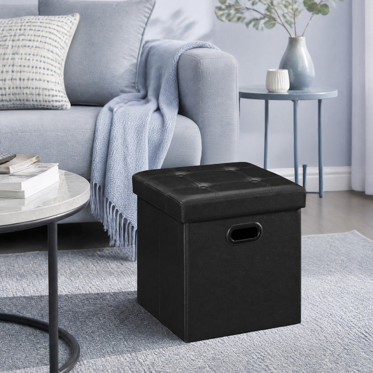 LEDREM 15 Inches Ottoman with Storage, Footstool, Grommet Handles, PVC Leather, for Dorm Room, Living Room, Bedroom, Black