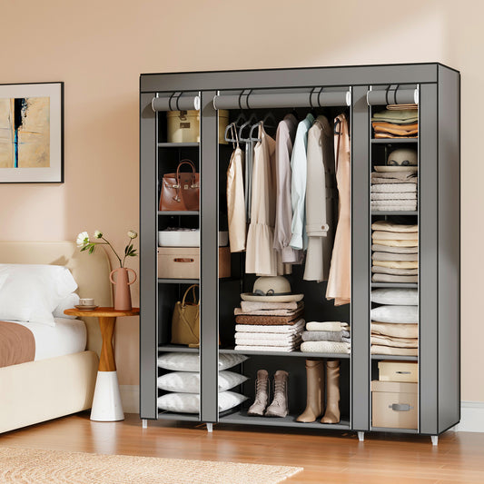 59-Inch Portable Closet, 12-Compartment Wardrobe with Zippered Cover & Hanging Rail, No-Tool Assembly Storage Organizer, Gray