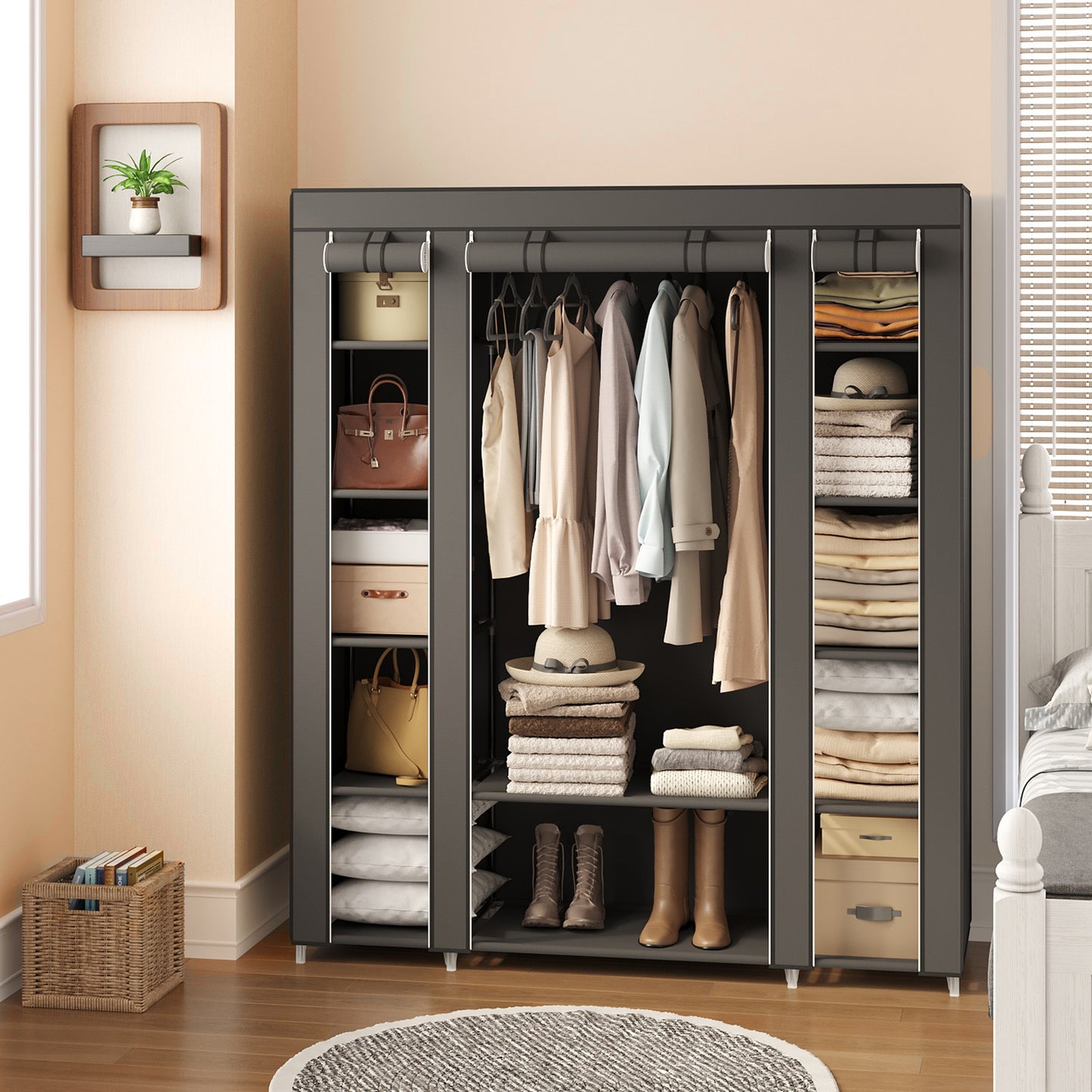 59-Inch Portable Closet, 12-Compartment Wardrobe with Zippered Cover & Hanging Rail, No-Tool Assembly Storage Organizer, Gray