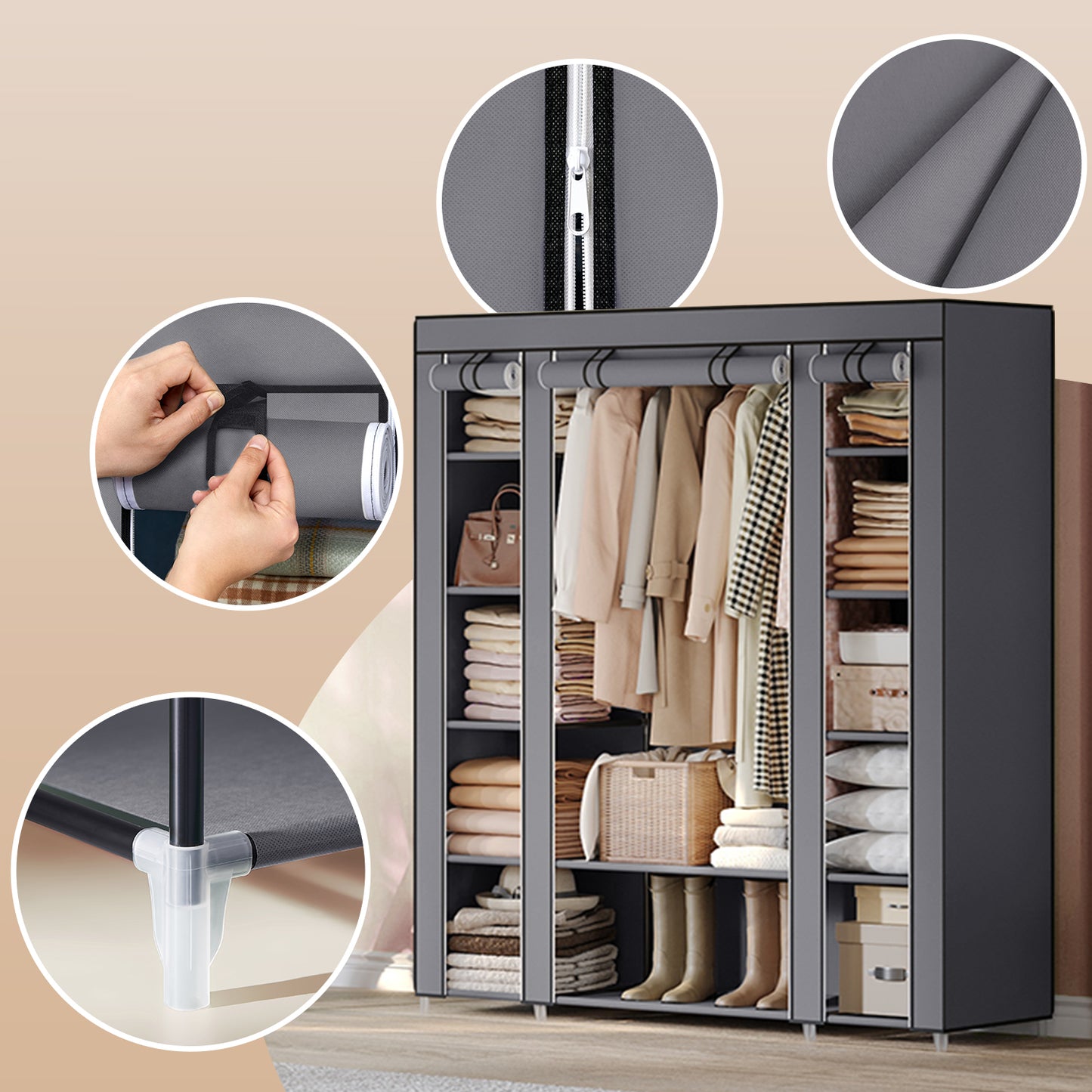 59-Inch Portable Closet, 12-Compartment Wardrobe with Zippered Cover & Hanging Rail, No-Tool Assembly Storage Organizer, Gray