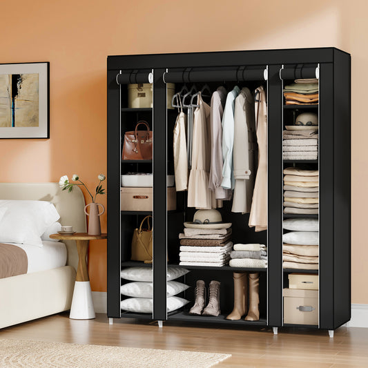 59-Inch Portable Closet, 12-Compartment Wardrobe with Zippered Cover & Hanging Rail, No-Tool Assembly Storage Organizer, Black