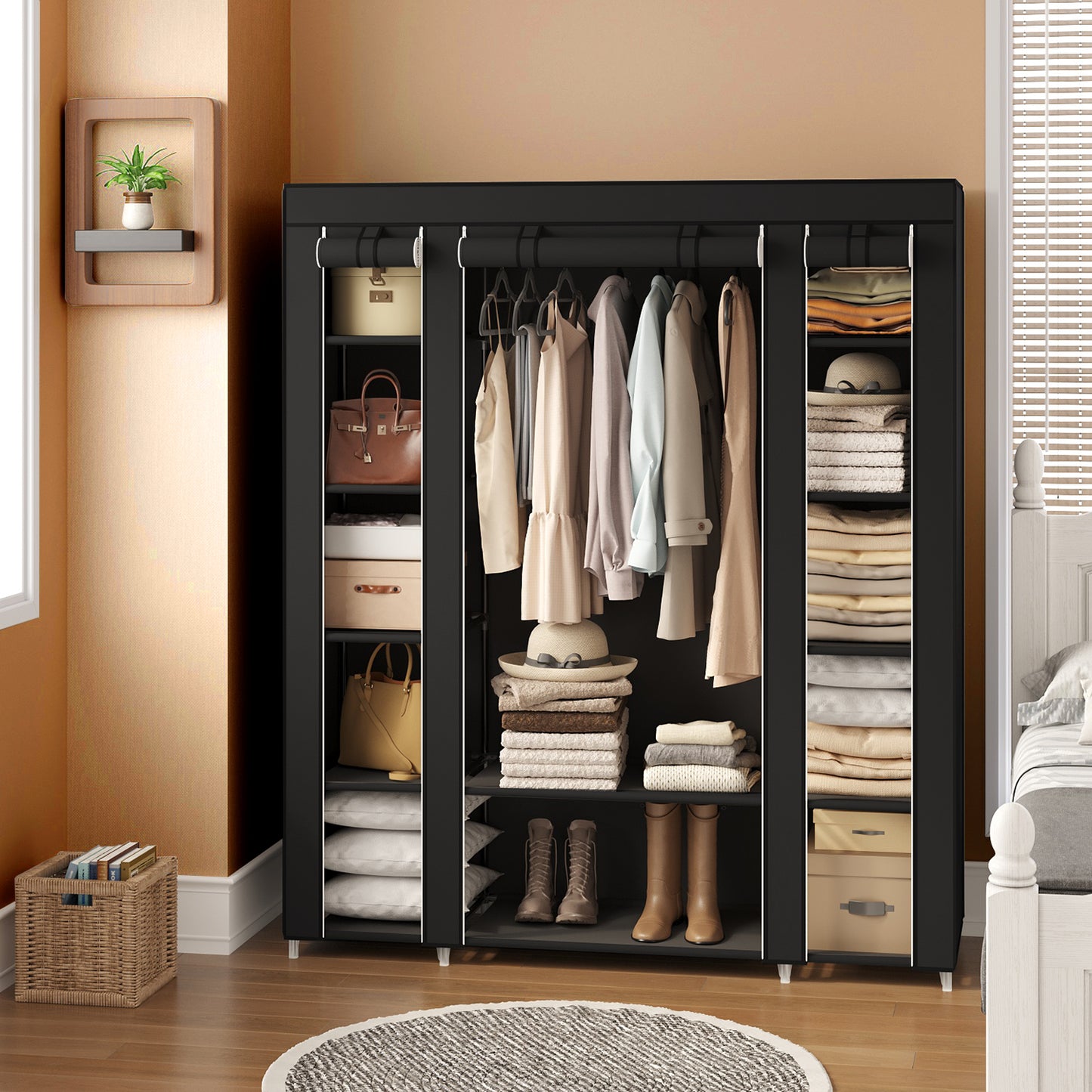 59-Inch Portable Closet, 12-Compartment Wardrobe with Zippered Cover & Hanging Rail, No-Tool Assembly Storage Organizer, Black