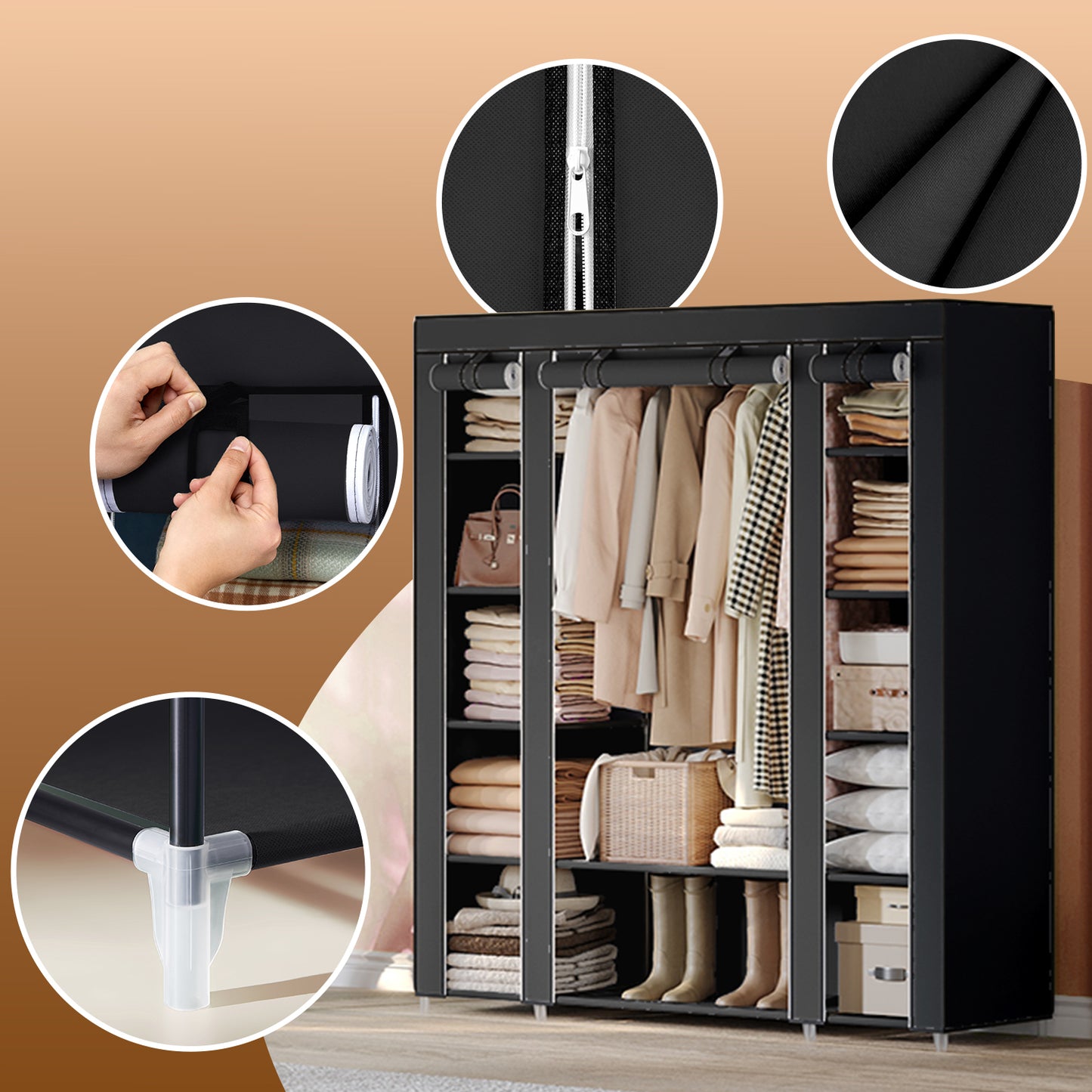 59-Inch Portable Closet, 12-Compartment Wardrobe with Zippered Cover & Hanging Rail, No-Tool Assembly Storage Organizer, Black