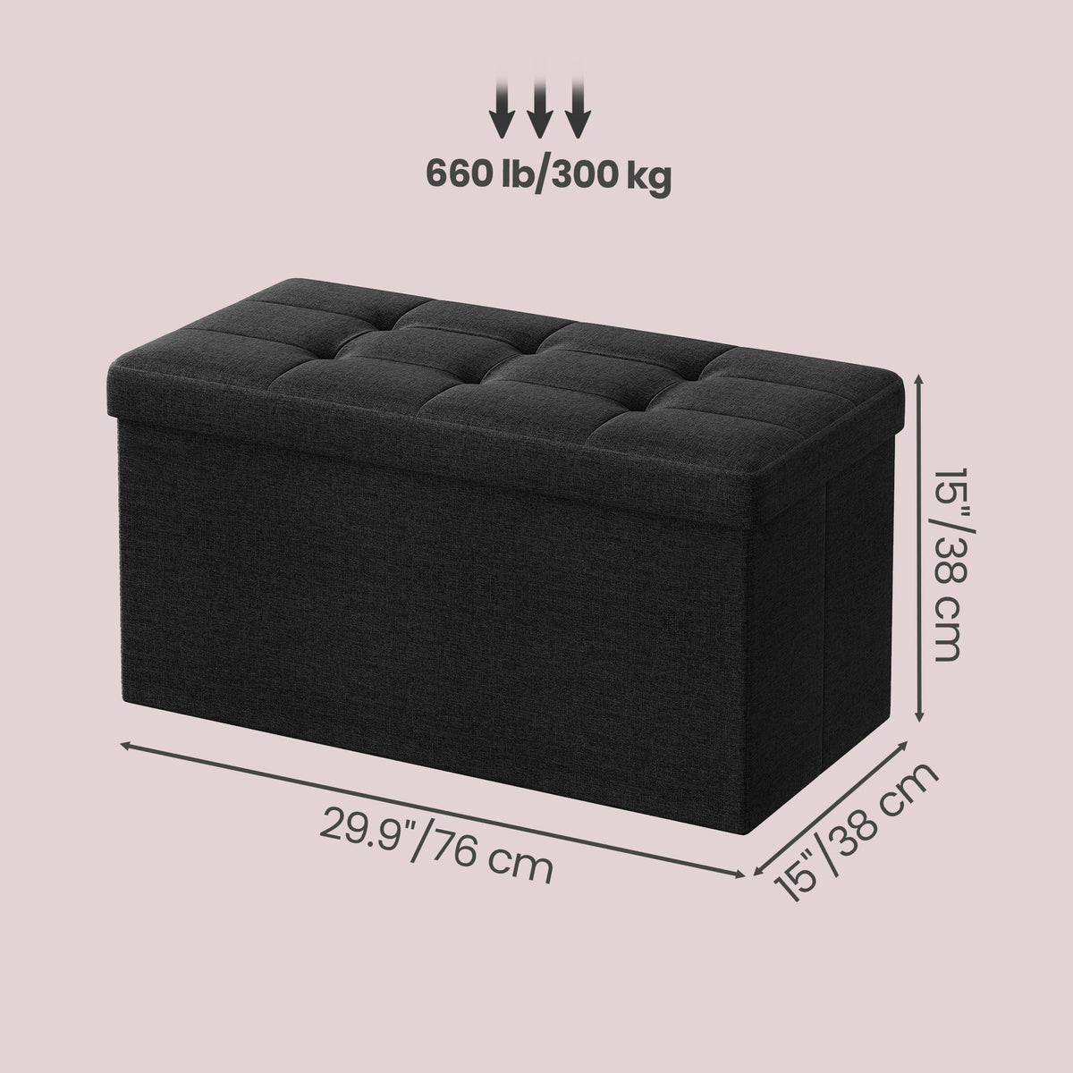 LEDREM Upholstered Storage Chest, 38 x 76 x 38 cm, Ottoman Bench for Bedroom, Entryway, Living Room, Black