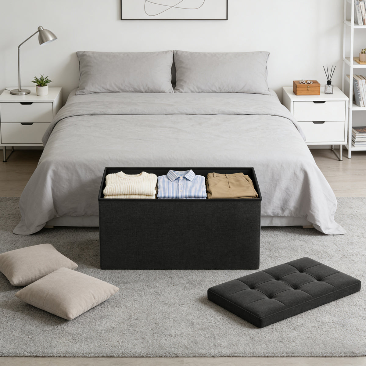 LEDREM Upholstered Storage Chest, 38 x 76 x 38 cm, Ottoman Bench for Bedroom, Entryway, Living Room, Black