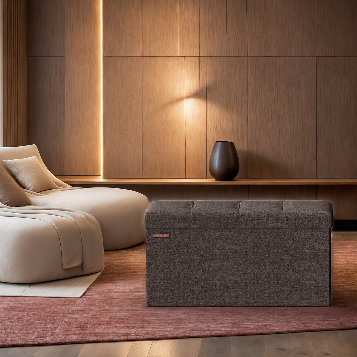 LEDREM Upholstered Storage Chest, 76 x 38 x 38 cm, Ottoman Bench for Bedroom, Entryway, Living Room, Dark Brown