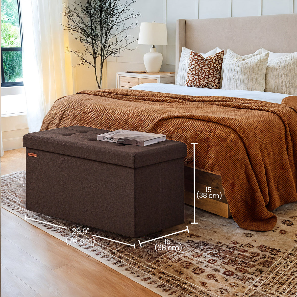 LEDREM Upholstered Storage Chest, 76 x 38 x 38 cm, Ottoman Bench for Bedroom, Entryway, Living Room, Dark Brown