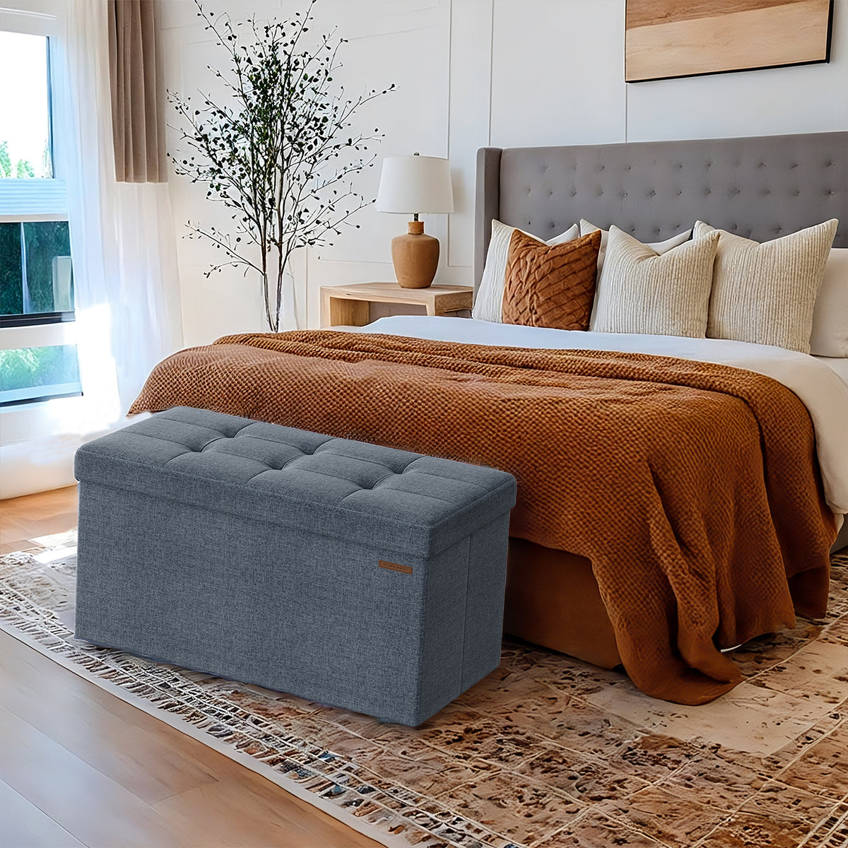 LEDREM Upholstered Storage Chest, 29.9 x 15 x 15 in, Ottoman Bench for Bedroom, Entryway, Living Room, Blue