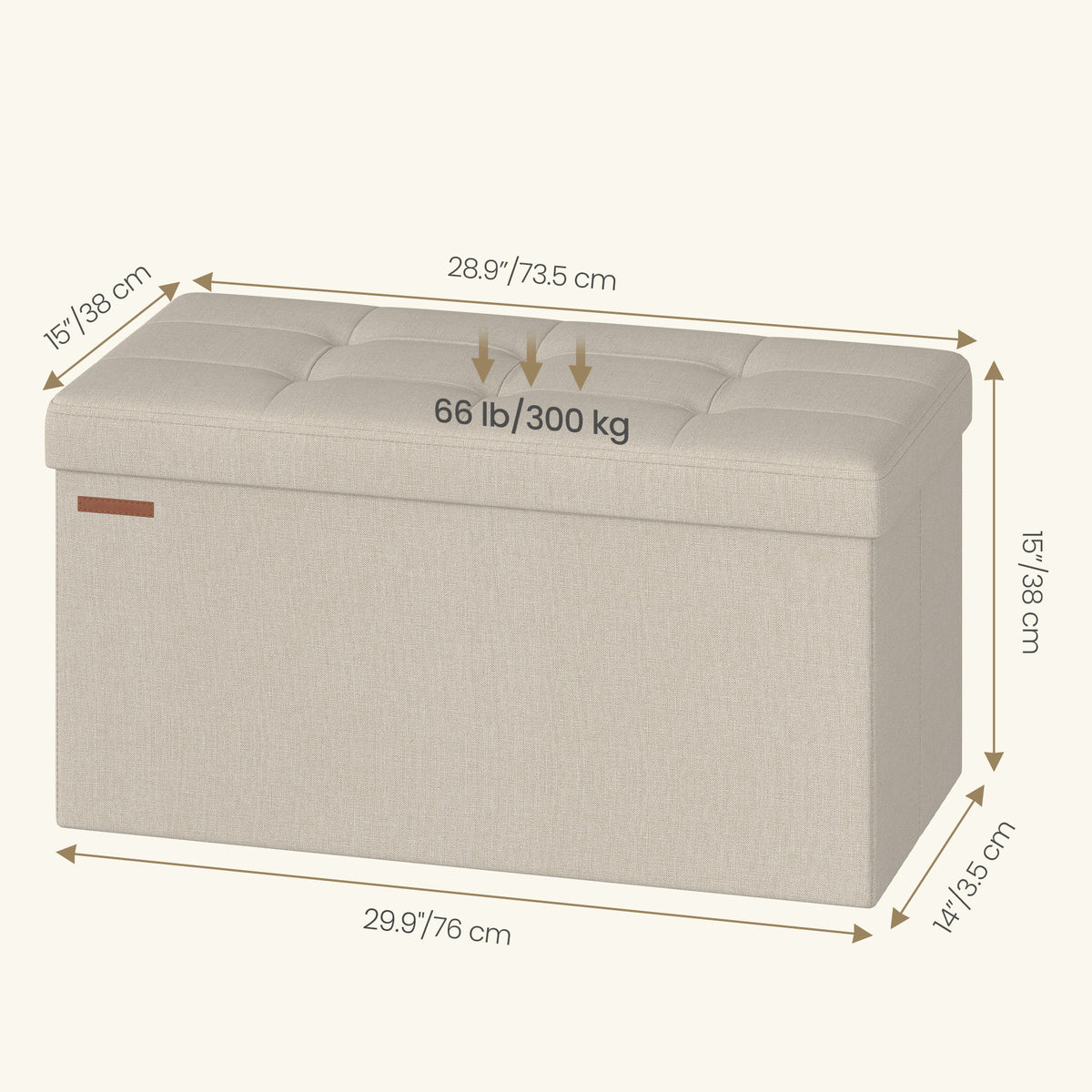 LEDREM Upholstered Storage Chest, 76 x 38 x 38 cm, Ottoman Bench for Bedroom, Entryway, Living Room, White
