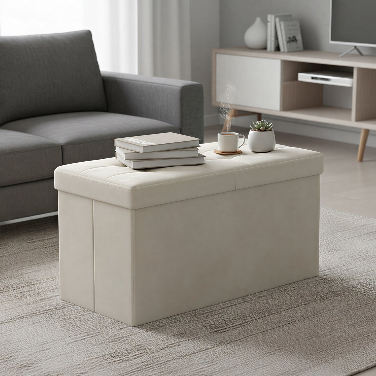 30-Inch Foldable Storage Ottoman Bench with Flipping Lid, Velvet Fabric, 24-Gallon Storage, 660 lb Capacity, Cappuccino Beige