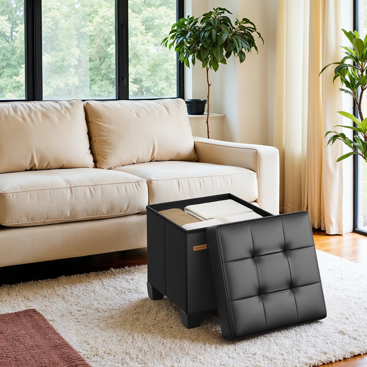 15-Inch Cube Storage Ottoman, 660 lb Capacity Foldable Footrest with 10 Gallon Storage, Synthetic Leather, Ink Black
