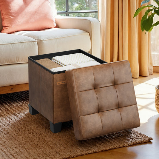 15-Inch Cube Storage Ottoman, 660 lb Capacity Foldable Footrest with 10 Gallon Storage, Synthetic Leather, Coffee Brown