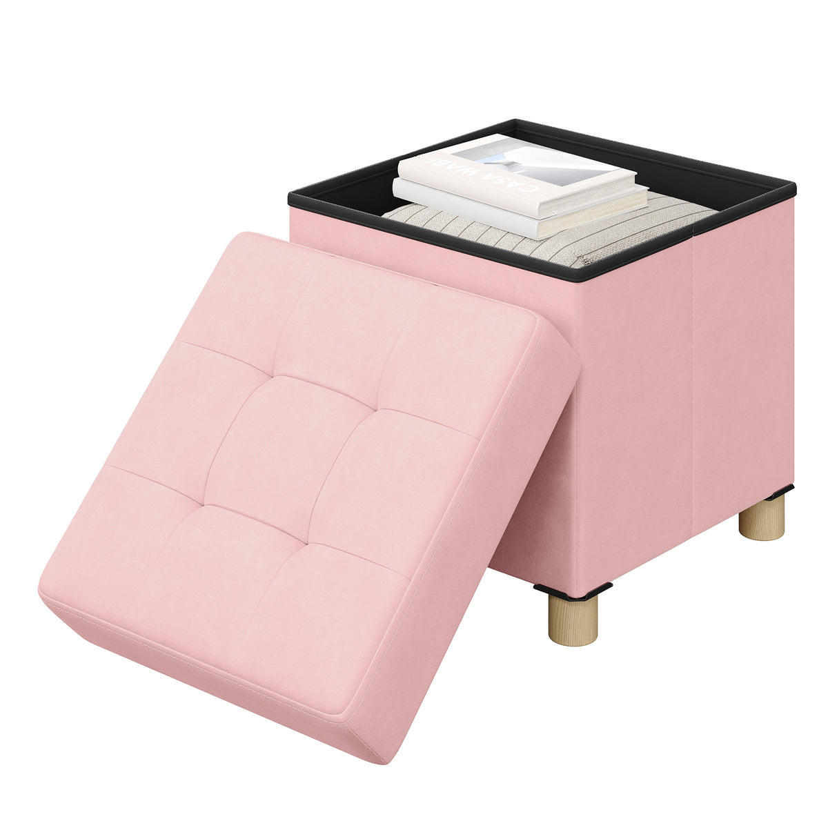 LEDREM Small Storage Ottoman, Collapsible Velvet Sitting Stool with Cushion, 15 x 15 x 15.8 inches, Pink