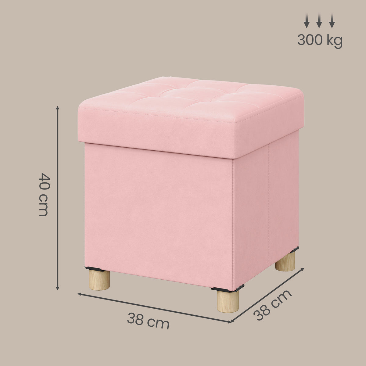 LEDREM Small Storage Ottoman, Collapsible Velvet Sitting Stool with Cushion, 15 x 15 x 15.8 inches, Pink