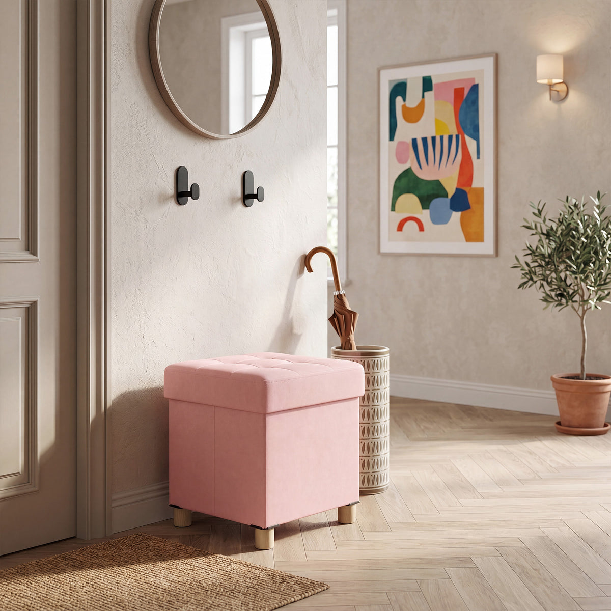 LEDREM Small Storage Ottoman, Collapsible Velvet Sitting Stool with Cushion, 15 x 15 x 15.8 inches, Pink