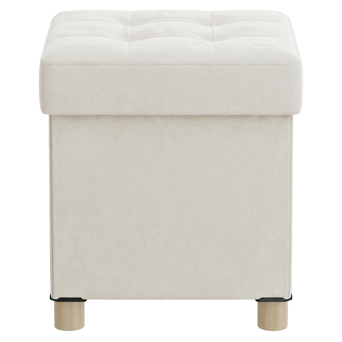 LEDREM Small Storage Ottoman, Collapsible Velvet Sitting Stool with Cushion, 15 x 15 x 15.8 inches, Beige and Black