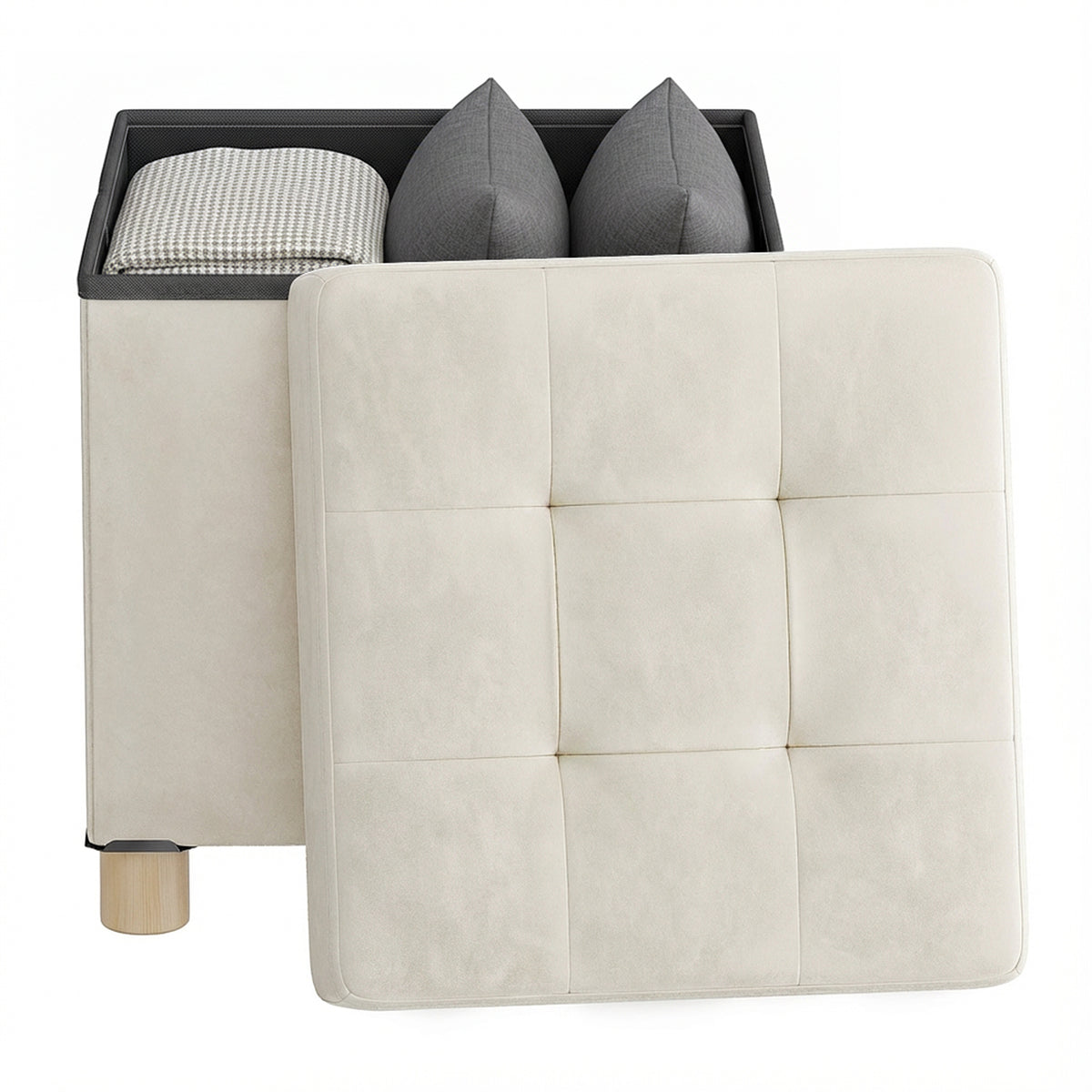 LEDREM Small Storage Ottoman, Collapsible Velvet Sitting Stool with Cushion, 15 x 15 x 15.8 inches, Beige and Black
